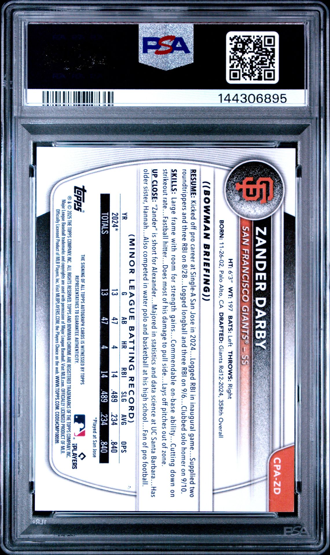 2025 Bowman Chrome Prospect Autographs Zander Darby #Cpazd (Chrome Pros Auto-Gum Ball) Mint 9 back
