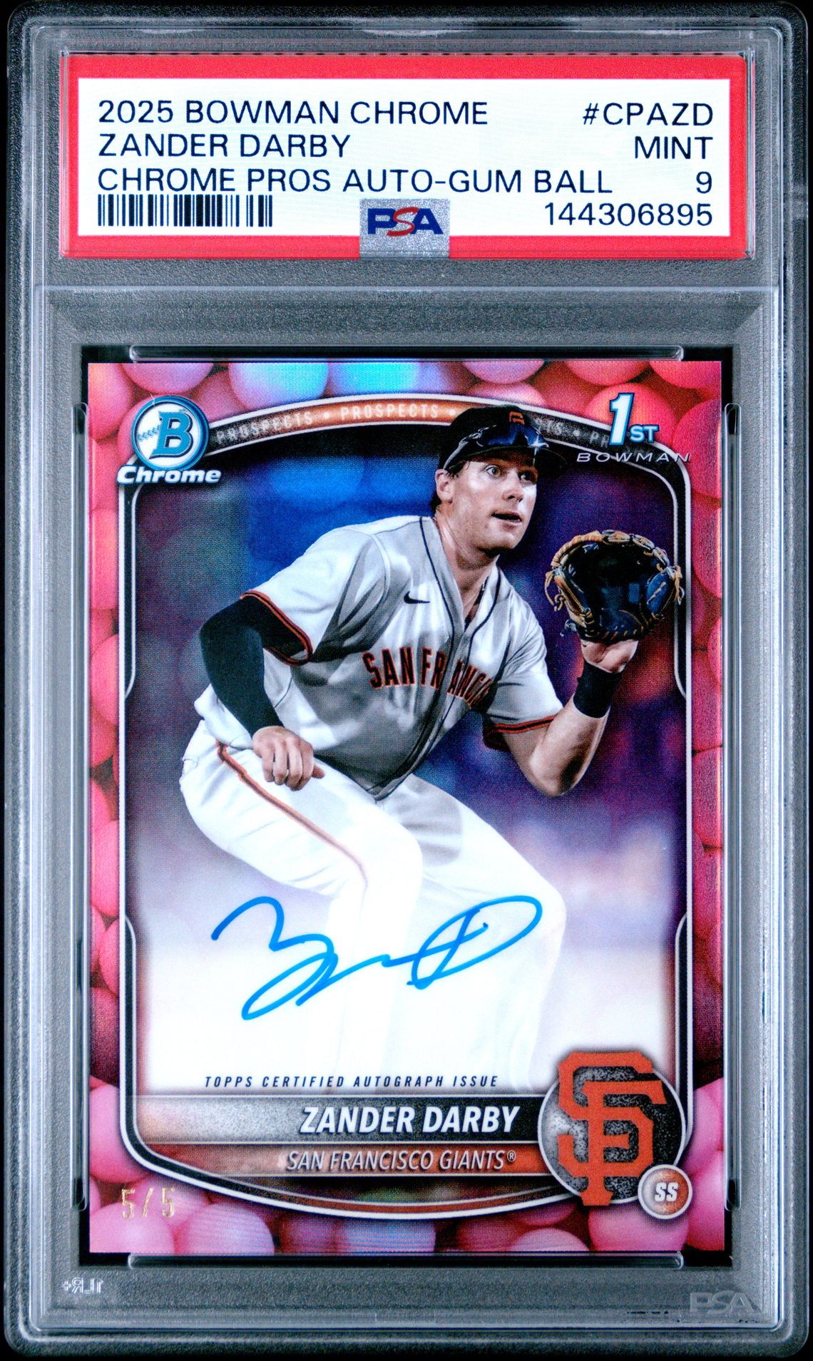 2025 Bowman Chrome Prospect Autographs Zander Darby #Cpazd (Chrome Pros Auto-Gum Ball) Mint 9 front
