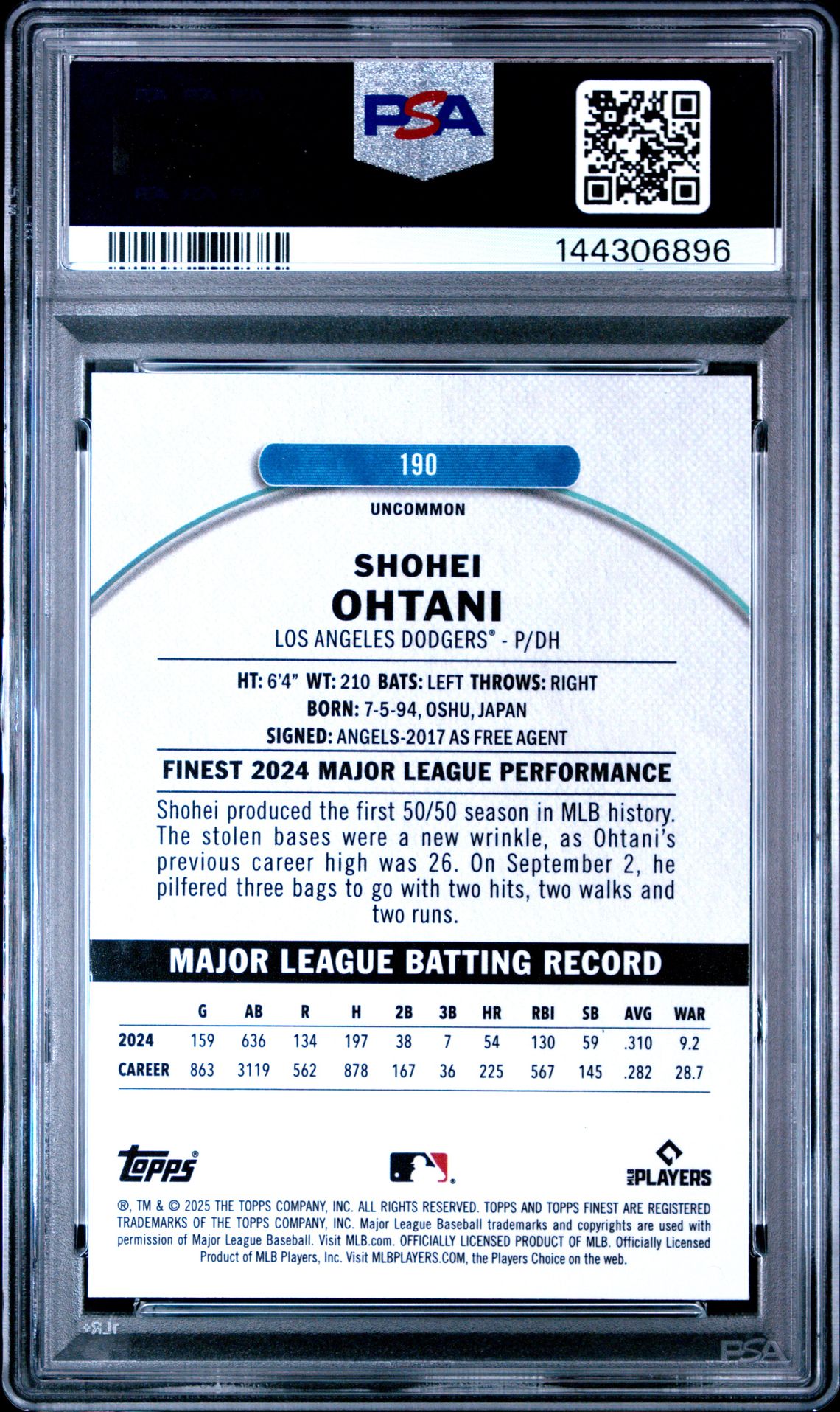 2025 Topps Finest Shohei Ohtani #190 Gem Mt 10 back