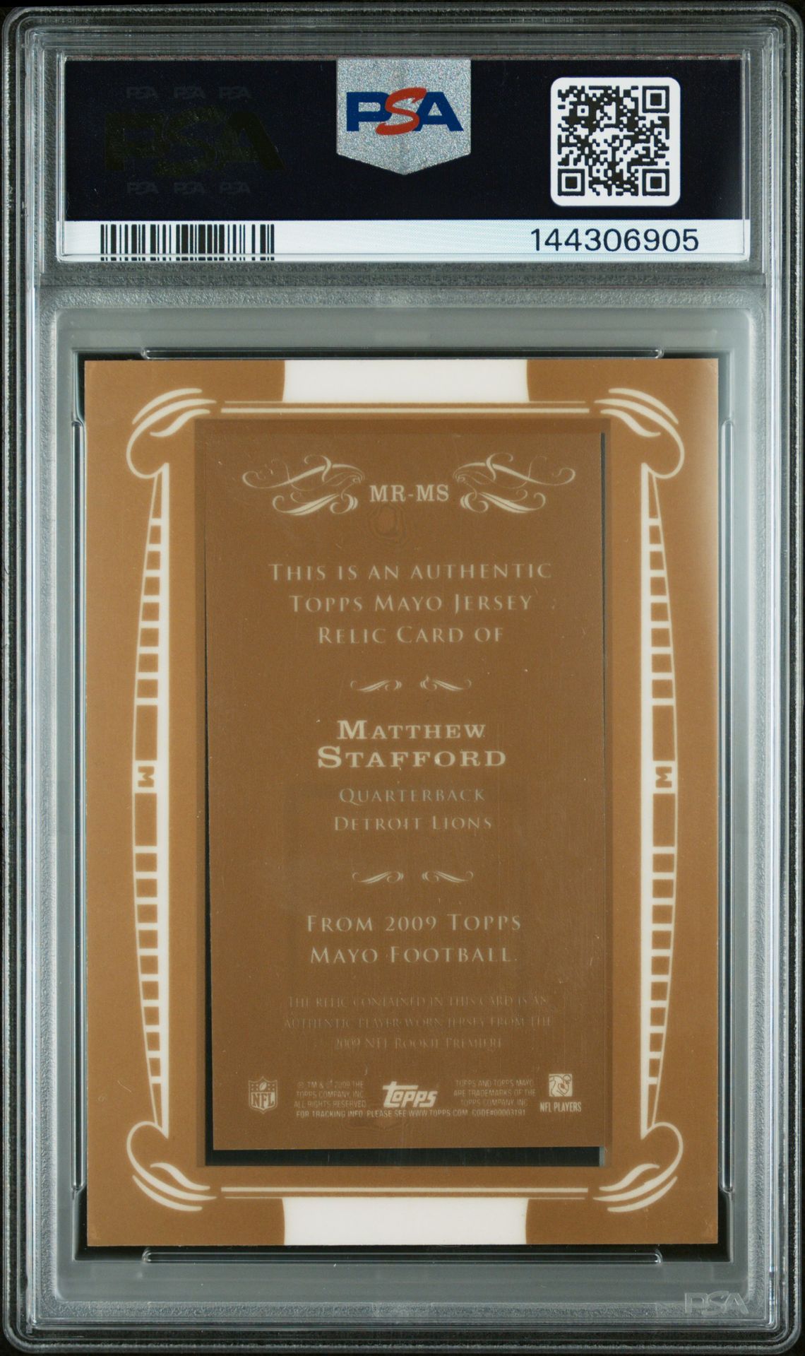 2009 Topps Mayo Relics Matthew Stafford #Mr-Ms (Relics) Gem Mt 10 back