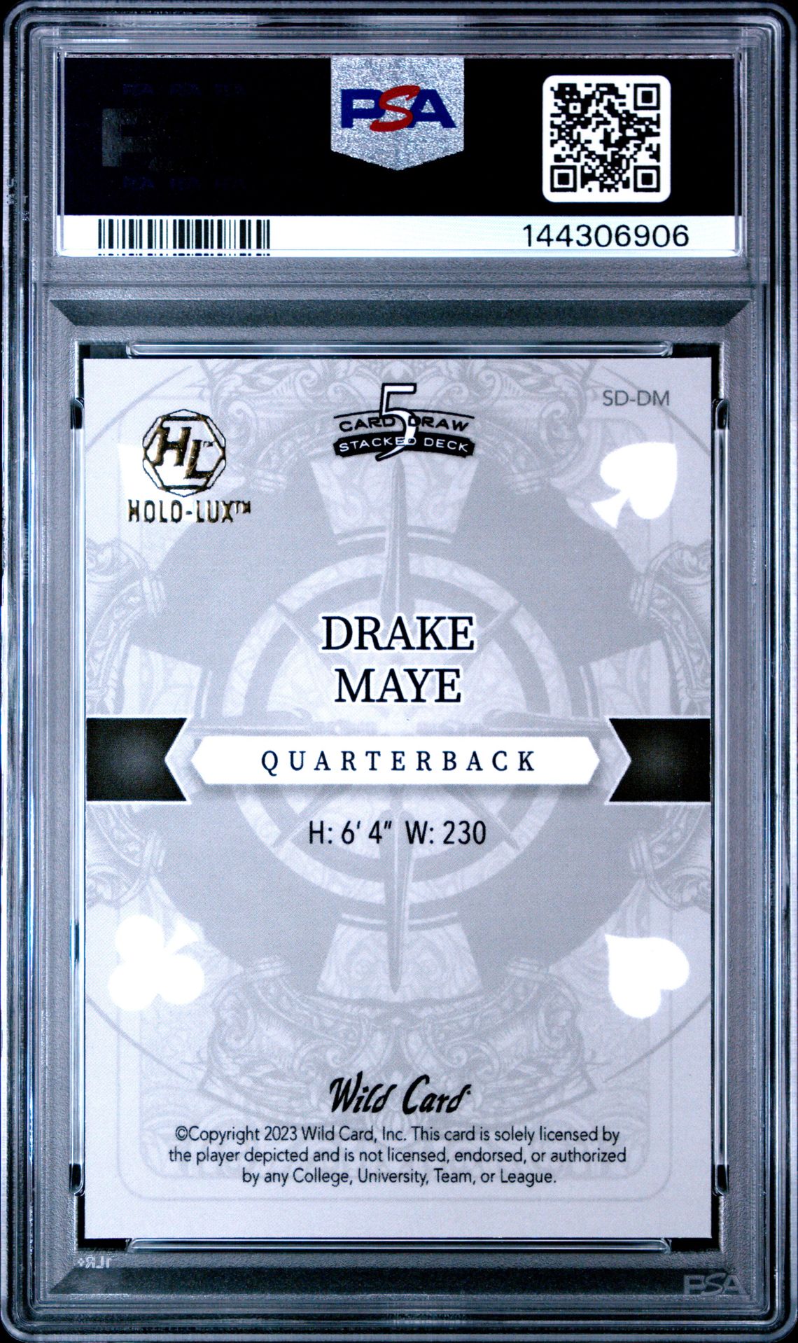 2023 Wild Card 5 Card Draw Stacked Deck White Joker Promo Drake Maye #Dm (White Jkr-Dnt-Gold 1/1) Gem Mt 10 back