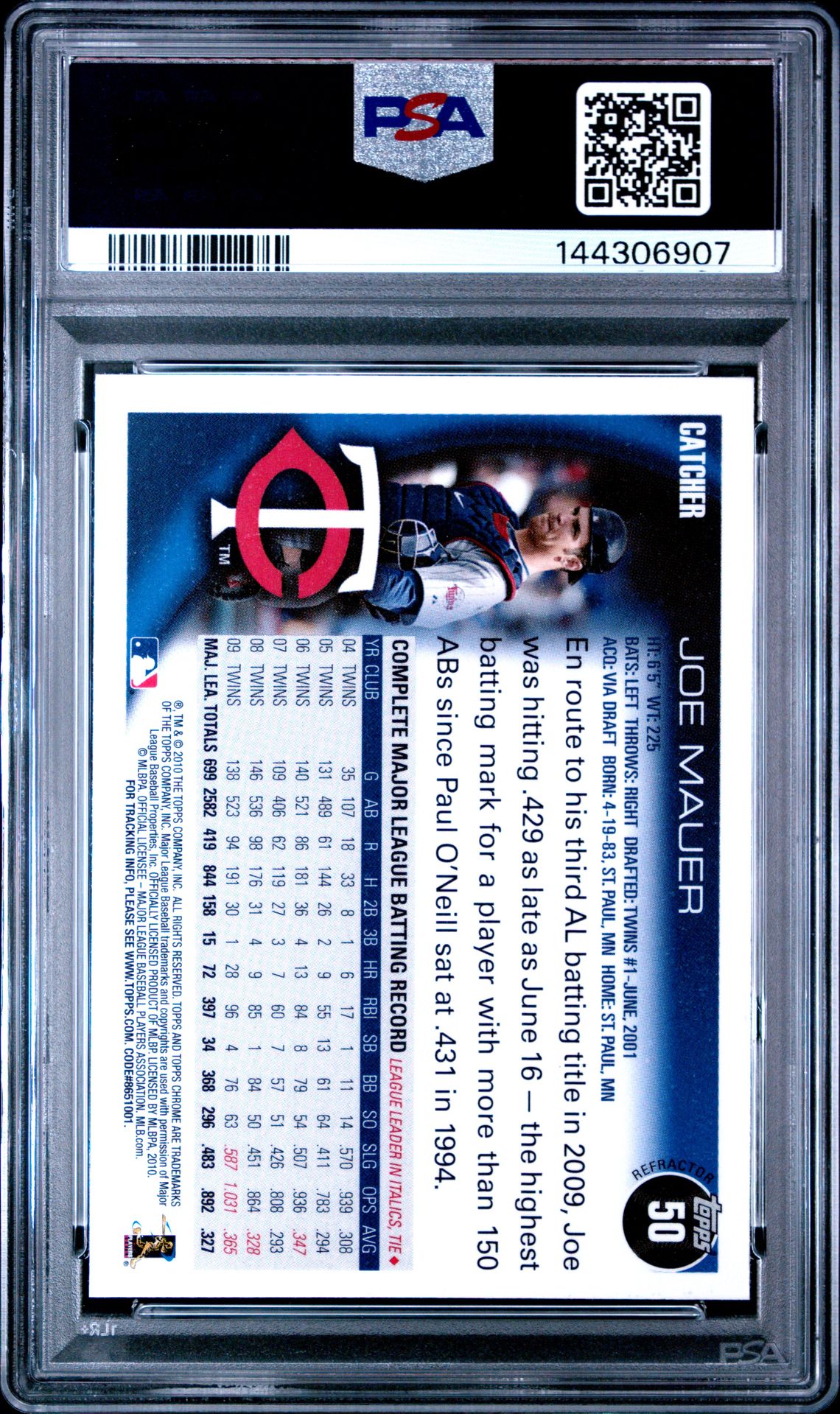 2010 Topps Chrome Joe Mauer #50 (Xfractor) Gem Mt 10 back