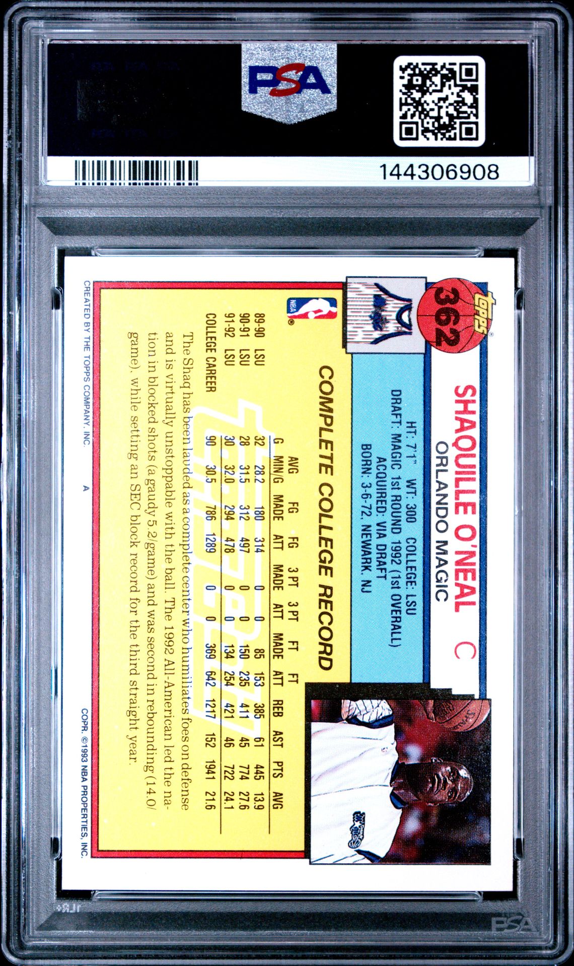 1992 Topps Gold Shaquille O'neal #362 Mint 9 back