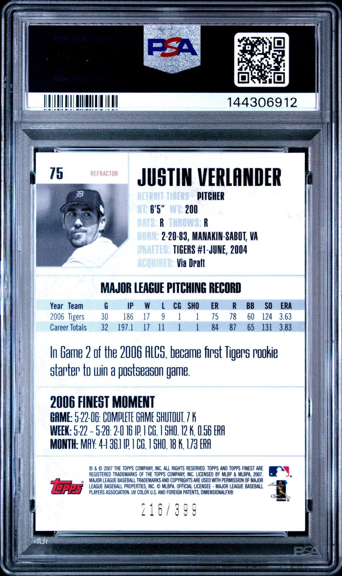 2007 Finest Justin Verlander #75 (Blue Refractor) Mint 9 back
