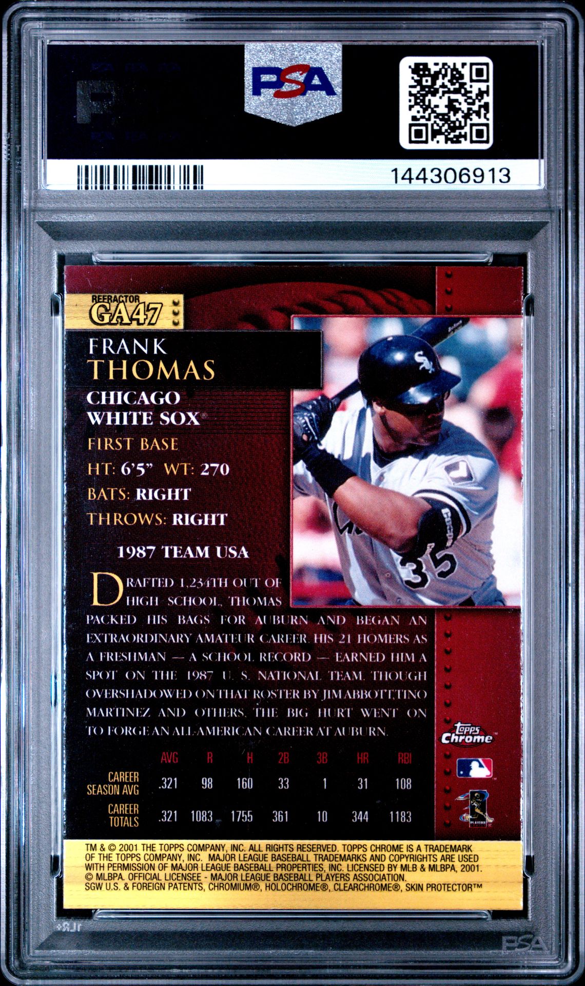 2001 Topps Chrome Golden Anniversary Frank Thomas #Ga47 (Golden Anniv.-Refractor) Mint 9 back