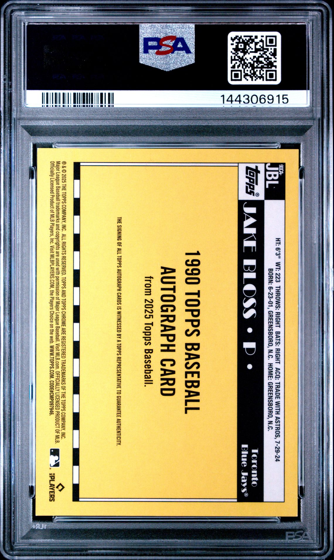 2025 Topps Silver Pack 1990 Chrome Promo Autograph Jake Bloss #Jbl Gem Mt 10 back