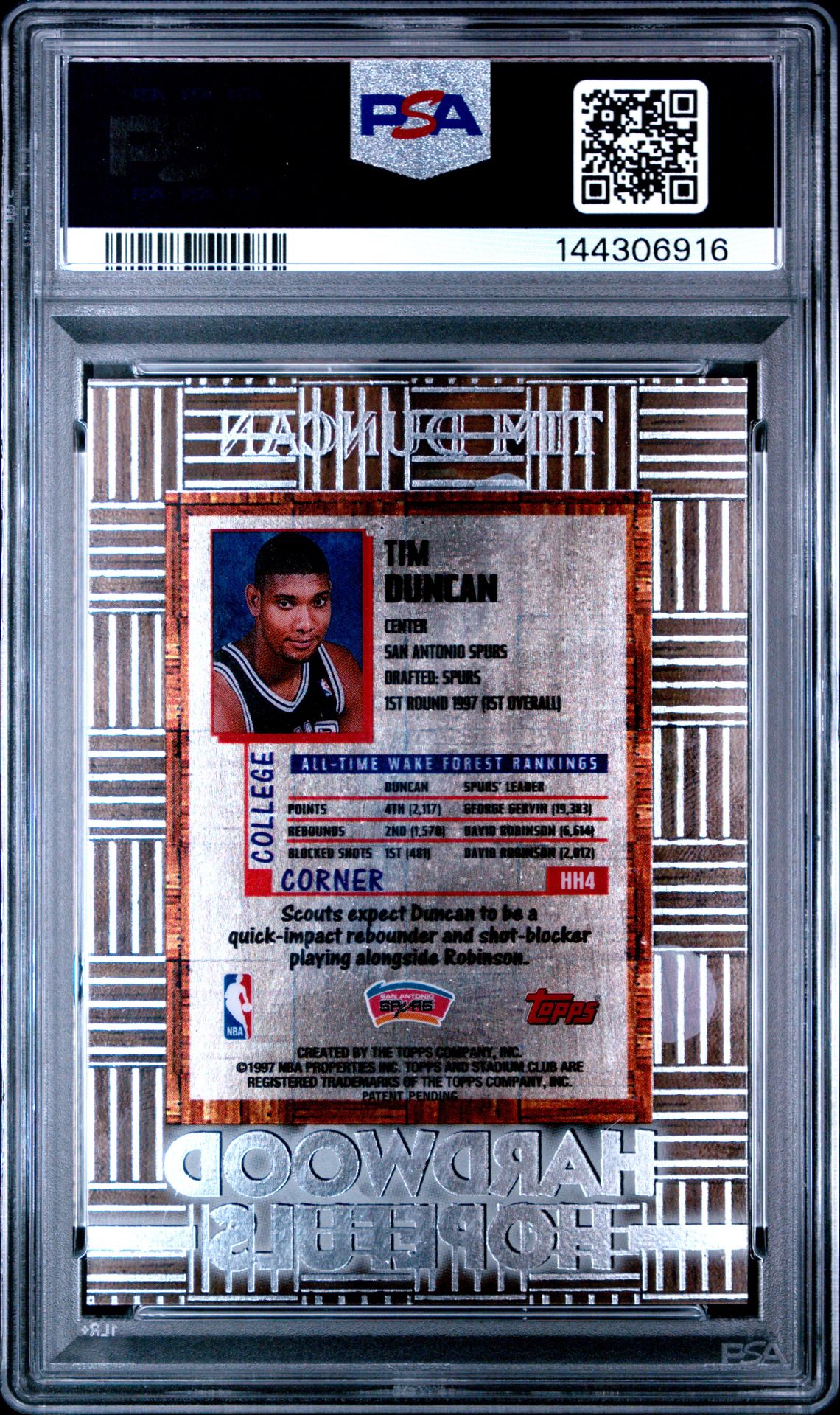 1997 Stadium Club Hardwood Hopefuls Tim Duncan #Hh4 (Hardwood Hopefuls) Gem Mt 10 back