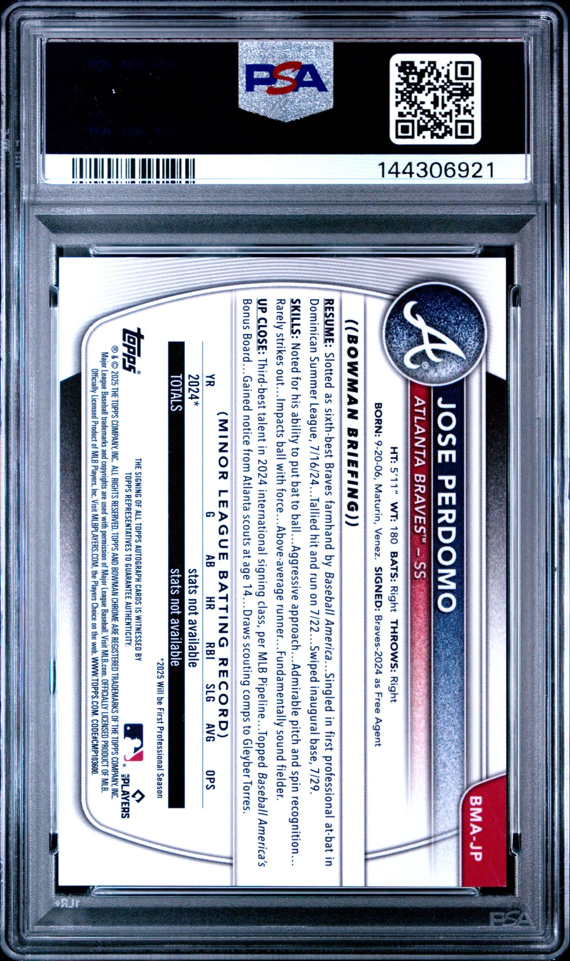 2025 Bowman Mega Box Bowman Prospect Mega Autographs Jose Perdomo #Jp (Bwm Pros Mega Au-Blue Ref) Gem Mt 10 back
