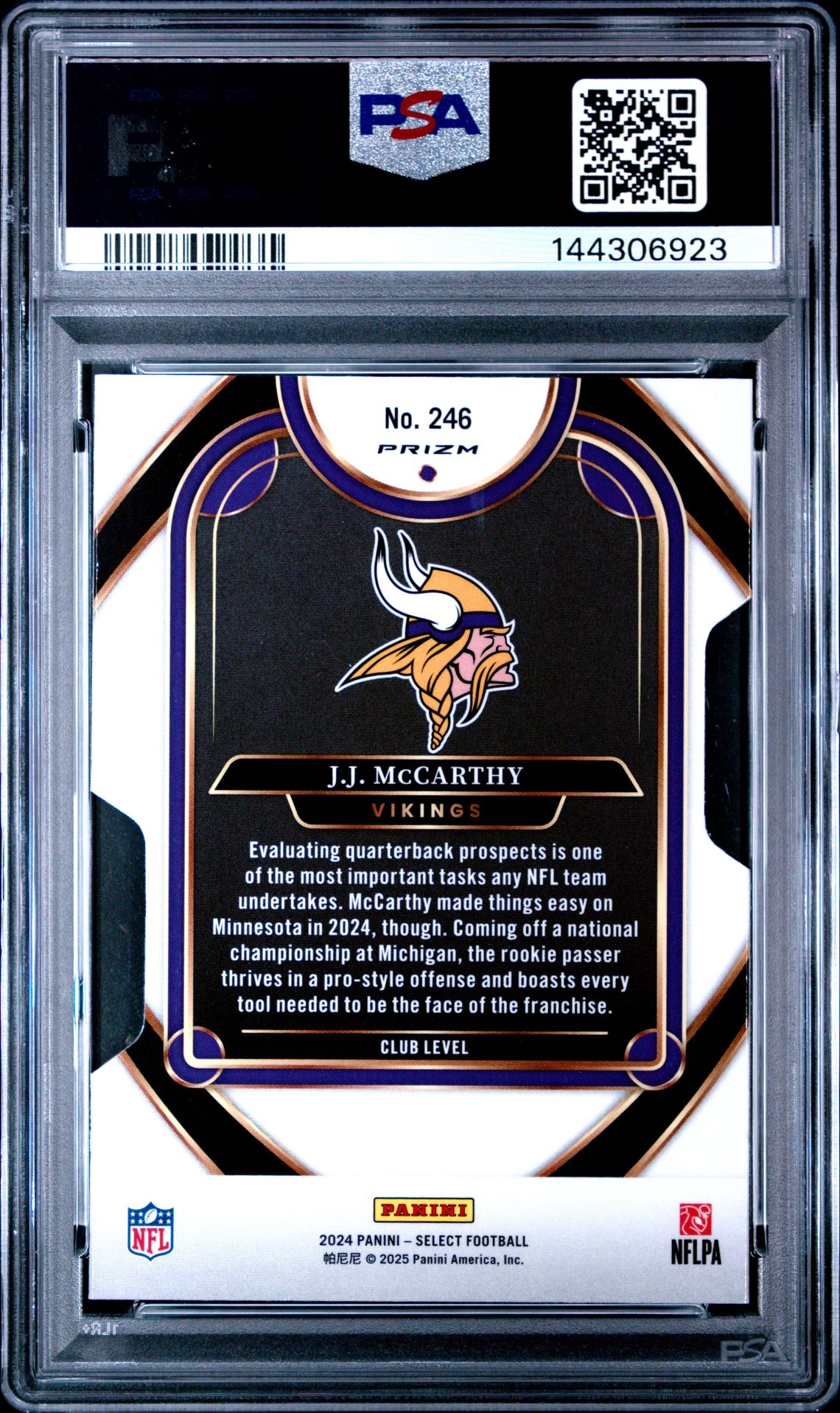 2024 Panini Select Jj Mccarthy #246 (Die-Cut Silver Prizm) Gem Mt 10 back