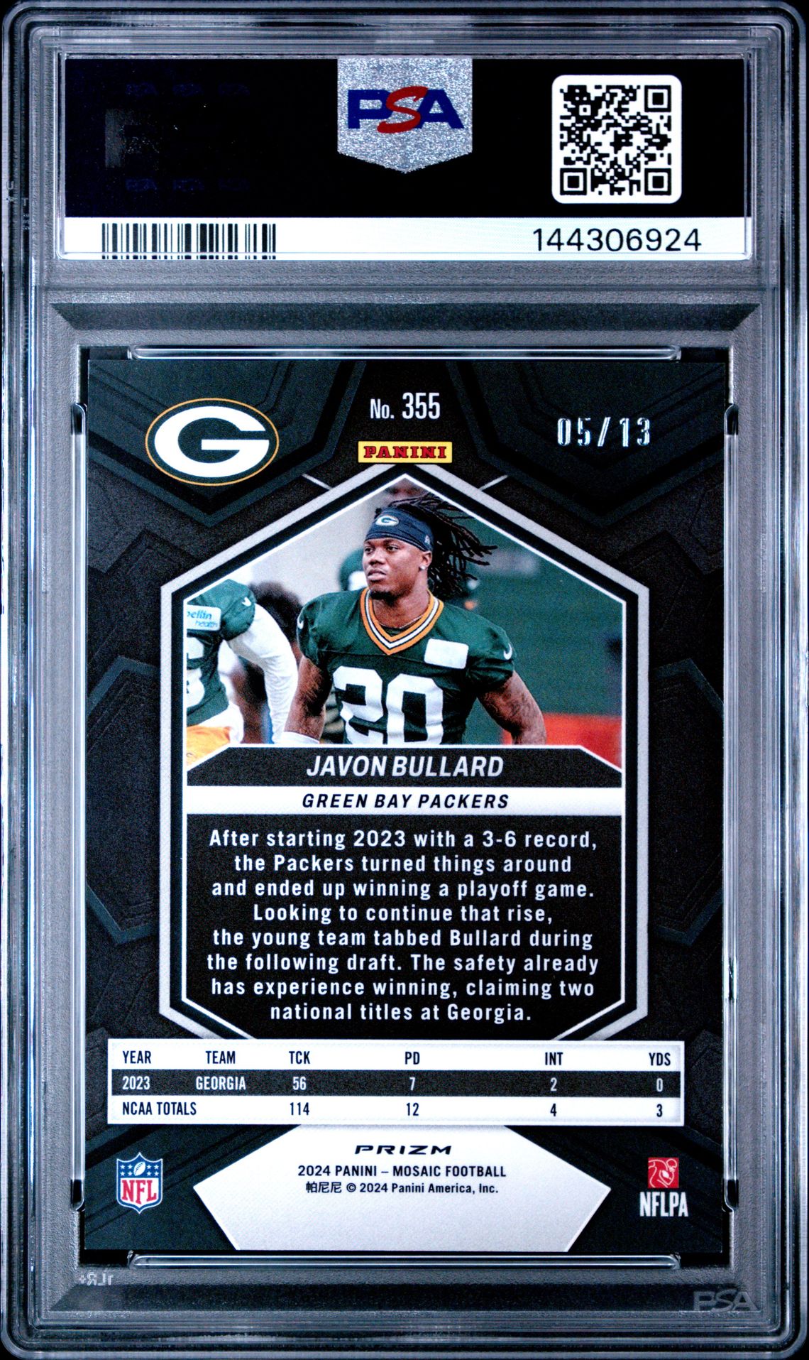 2024 Panini Mosaic Javon Bullard #355 (Pink Swirl) Mint 9 back