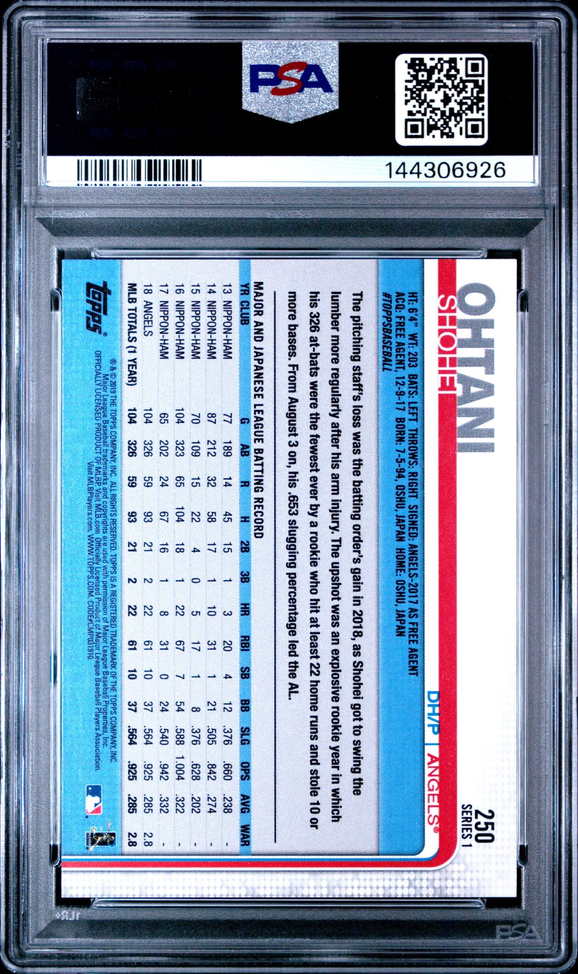 2019 Topps Shohei Ohtani #250 Mint 9 back