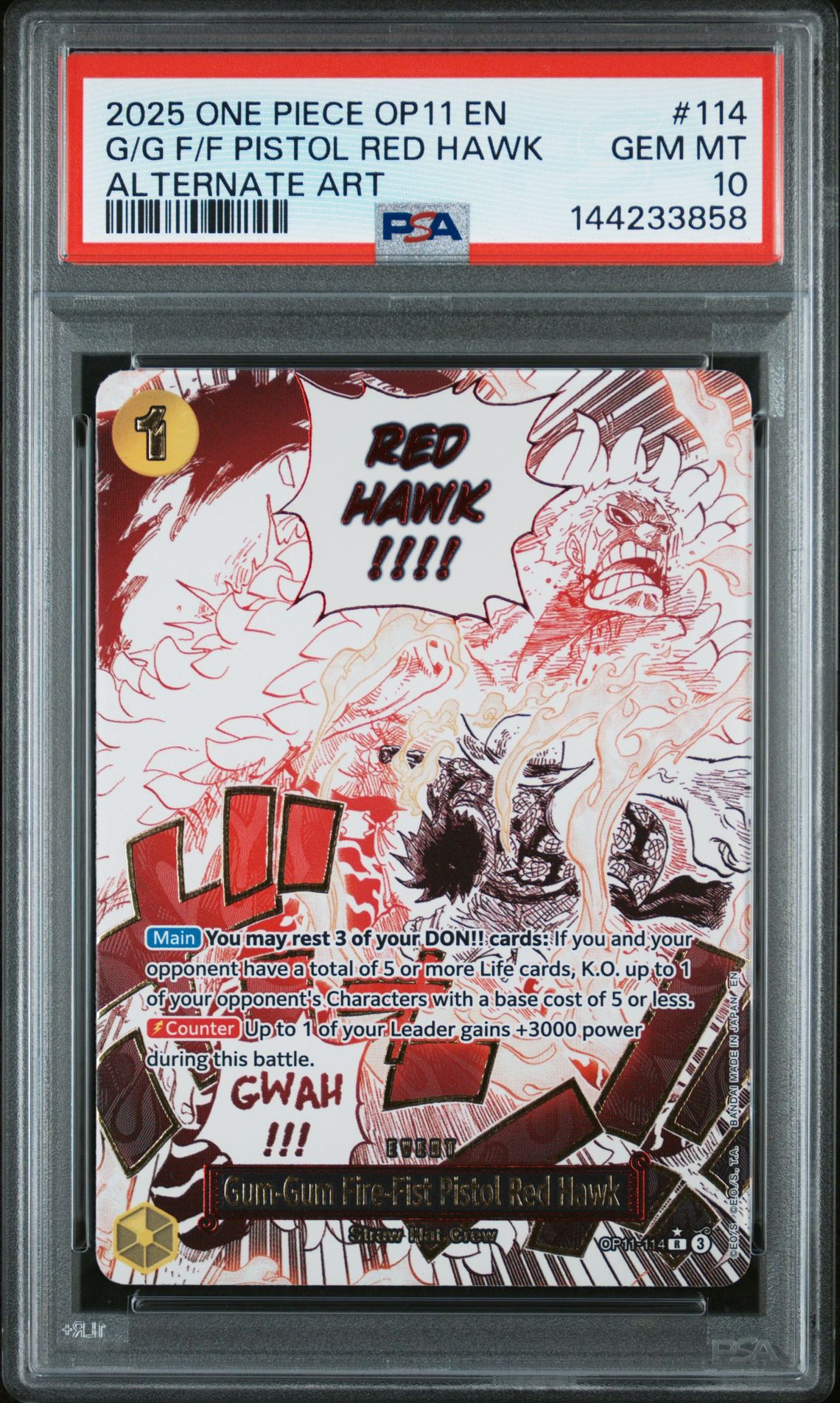 2025 One Piece Op11-A Fist Of Divine Speed G/G F/F Pistol Red Hawk #114 (Alternate Art) Gem Mt 10 front view - PSA graded GEM MT 10