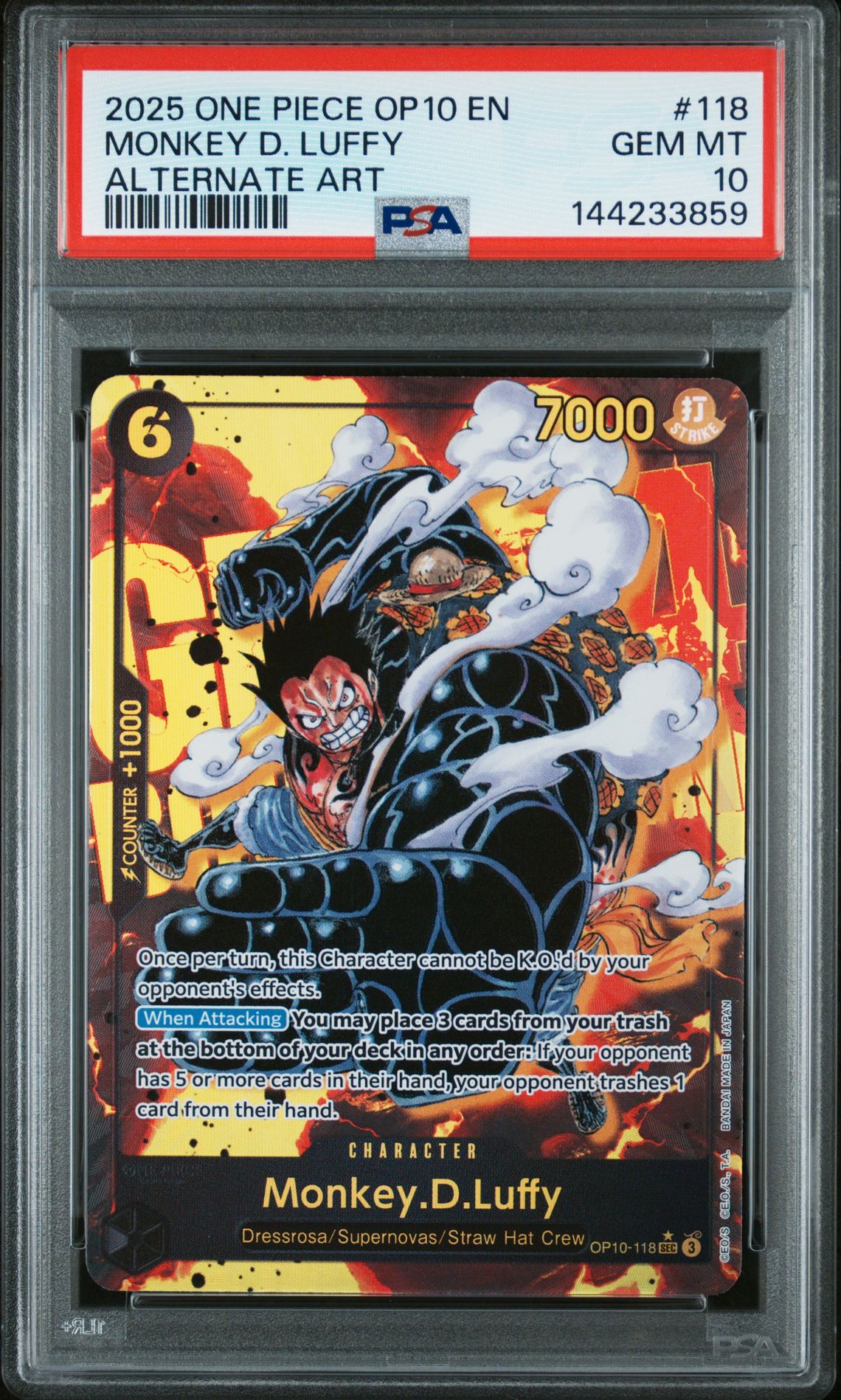 2025 One Piece Op10-Royal Blood Monkey D. Luffy #118 (Alternate Art) Gem Mt 10 front view - PSA graded GEM MT 10