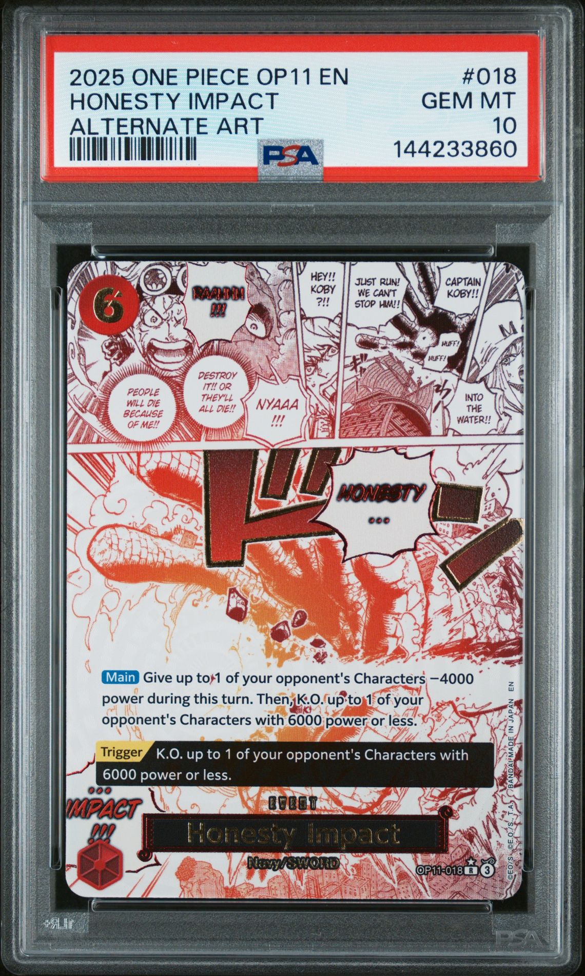 2025 One Piece Op11-A Fist Of Divine Speed Honesty Impact #018 (Alternate Art) Gem Mt 10 front view - PSA graded GEM MT 10