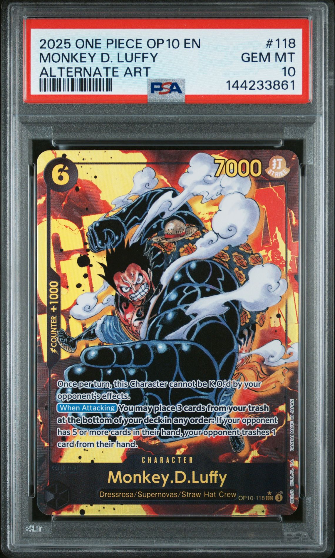 2025 One Piece Op10-Royal Blood Monkey D. Luffy #118 (Alternate Art) Gem Mt 10 front view - PSA graded GEM MT 10