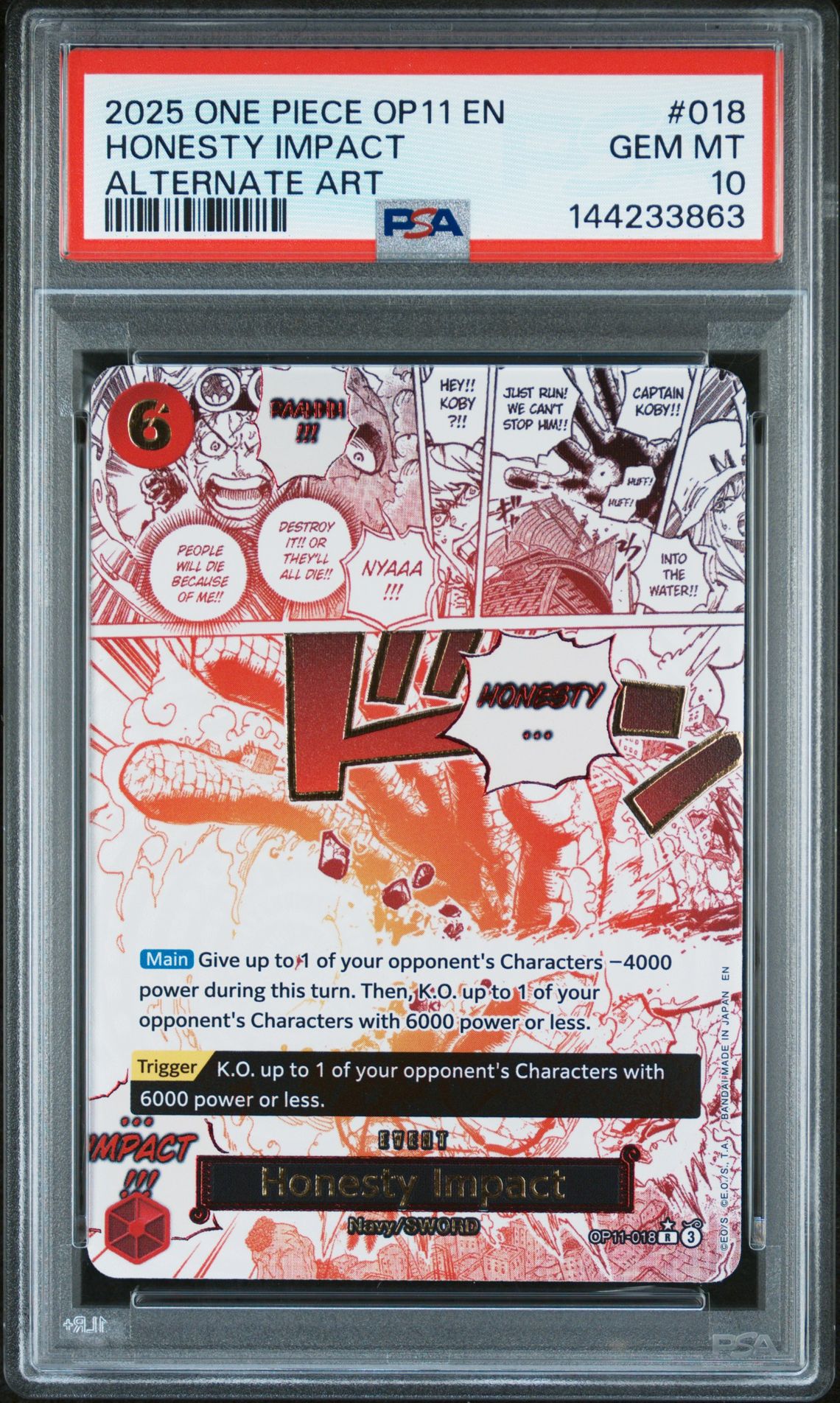 2025 One Piece Op11-A Fist Of Divine Speed Honesty Impact #018 (Alternate Art) Gem Mt 10 front view - PSA graded GEM MT 10