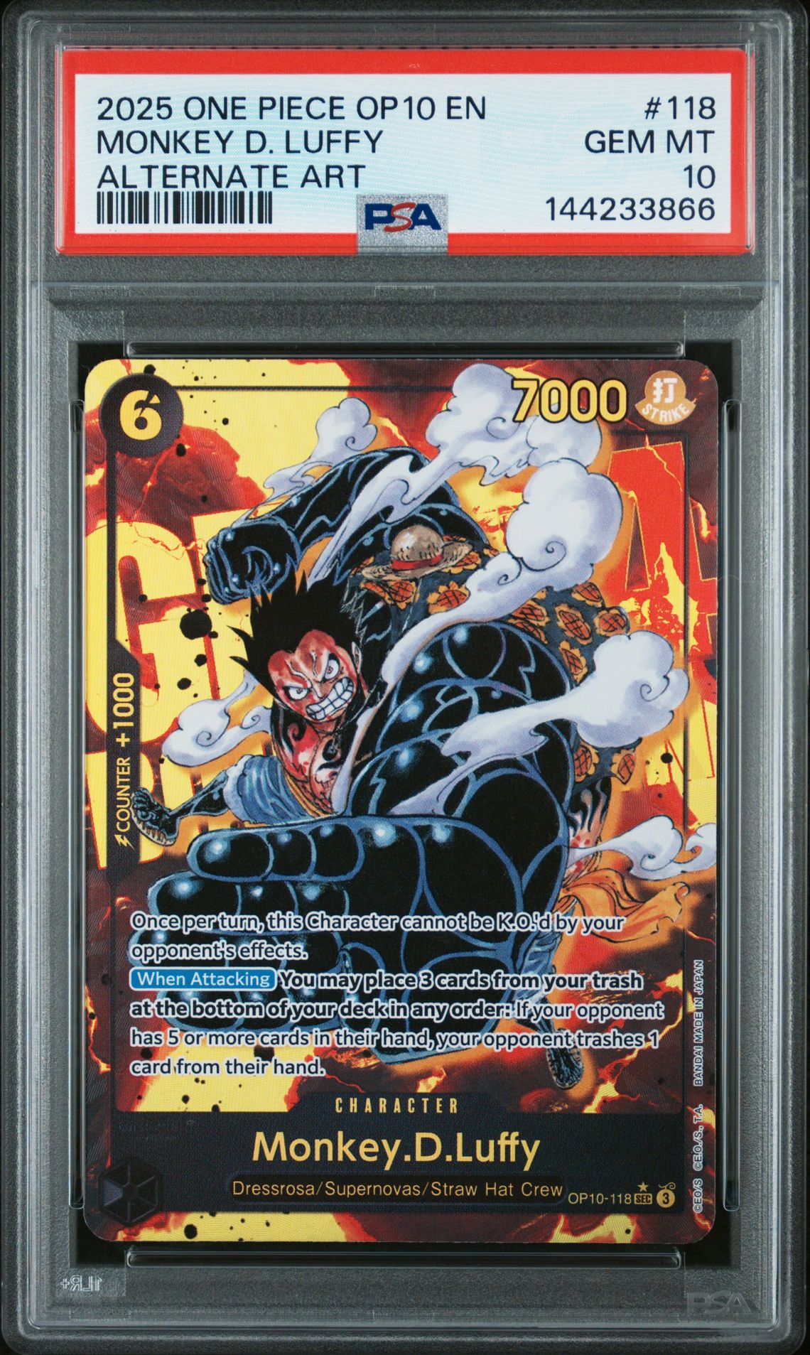 2025 One Piece Op10-Royal Blood Monkey D. Luffy #118 (Alternate Art) Gem Mt 10 front view - PSA graded GEM MT 10