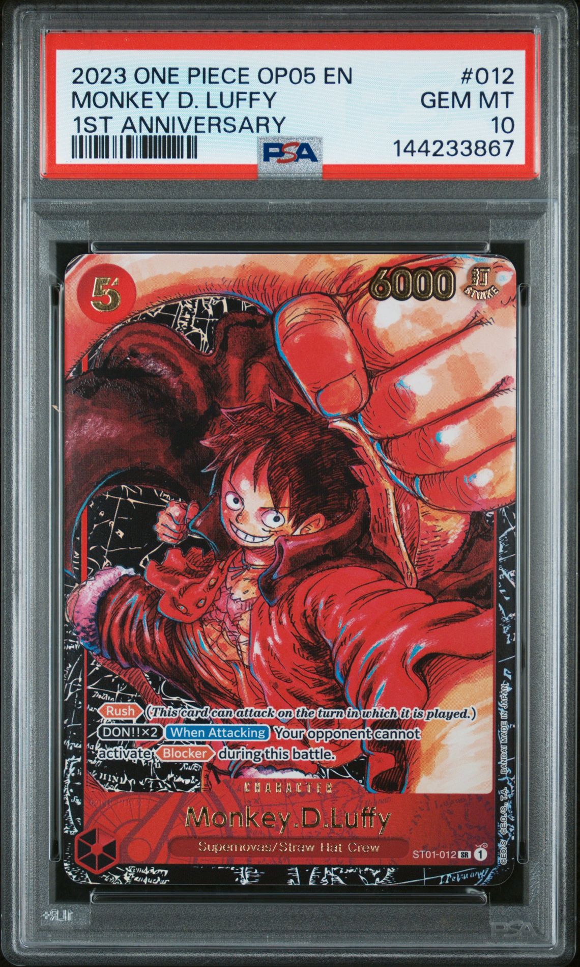 2023 One Piece Op05-Awakening Of The New Era Monkey D. Luffy #012 (1St Anniversary) Gem Mt 10 front view - PSA graded GEM MT 10