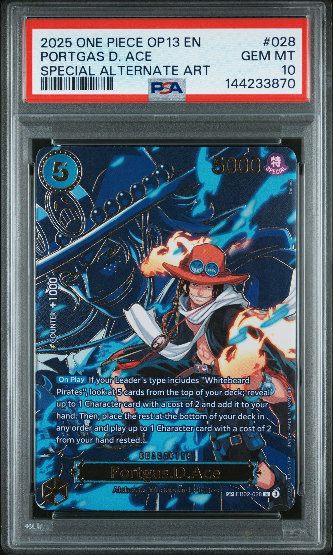 2025 One Piece Op13-Carrying On His Will Portgas D. Ace #028 (Special Alternate Art) Gem Mt 10 front view - PSA graded GEM MT 10