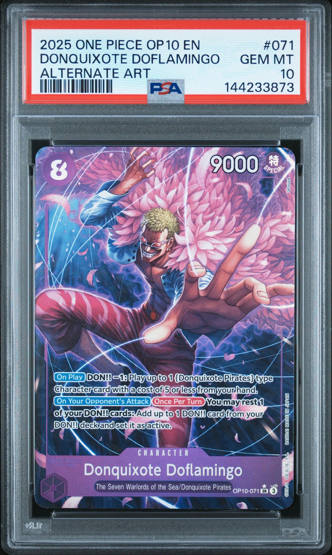 2025 One Piece Op10-Royal Blood Donquixote Doflamingo #071 (Alternate Art) Gem Mt 10 front view - PSA graded GEM MT 10