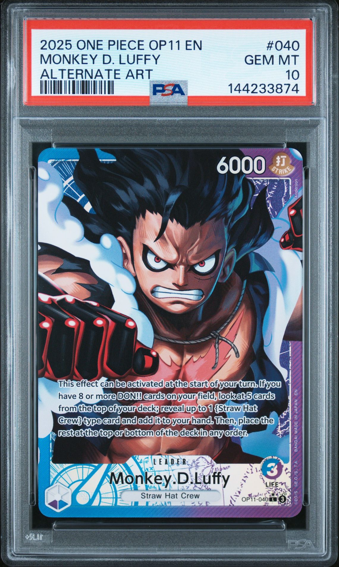 2025 One Piece Op11-A Fist Of Divine Speed Monkey D. Luffy #040 (Alternate Art) Gem Mt 10 front view - PSA graded GEM MT 10