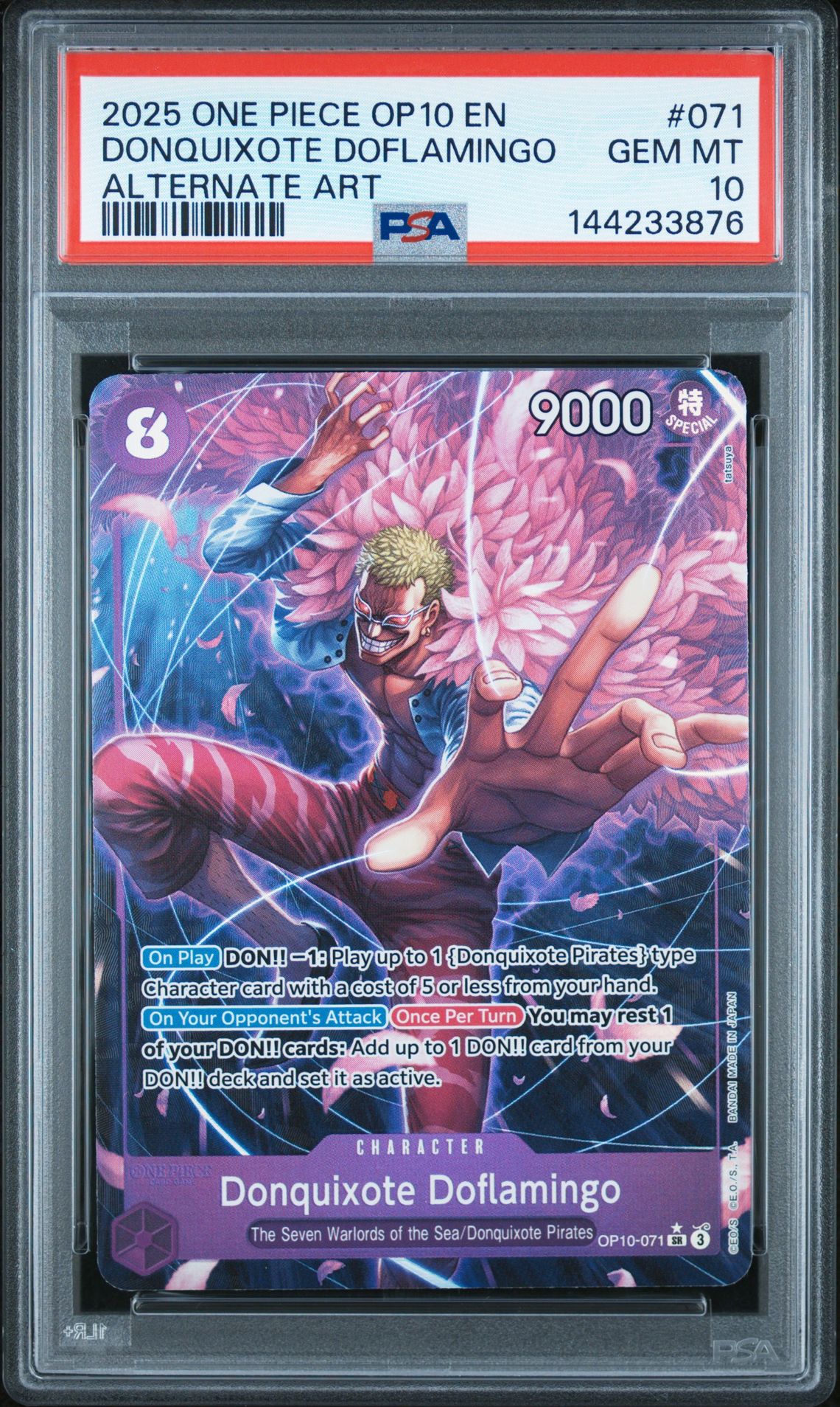 2025 One Piece Op10-Royal Blood Donquixote Doflamingo #071 (Alternate Art) Gem Mt 10 front view - PSA graded GEM MT 10