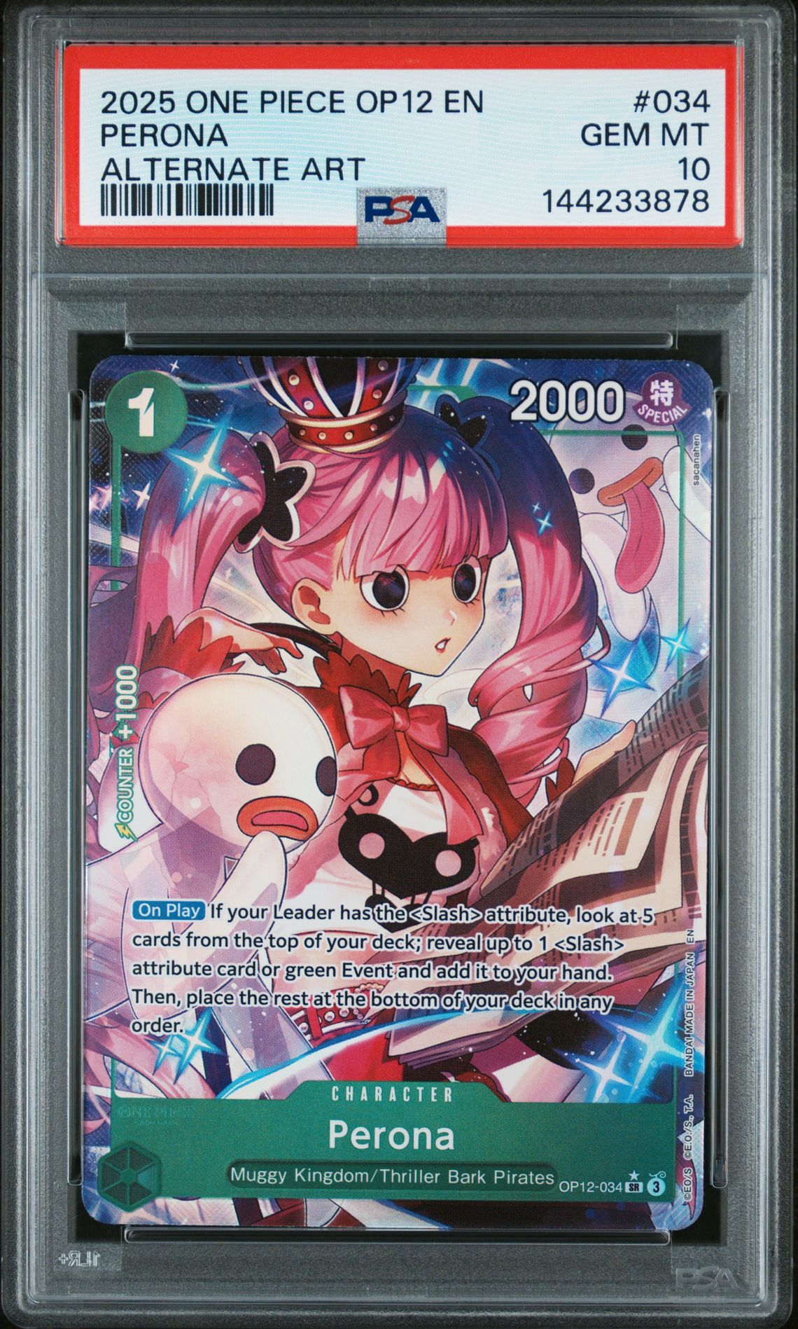 2025 One Piece Op12-Legacy Of The Master Perona #034 (Alternate Art) Gem Mt 10 front view - PSA graded GEM MT 10
