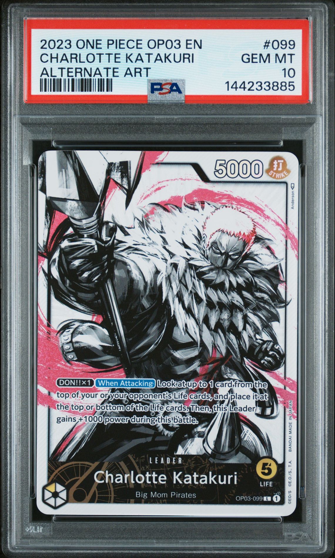 2023 One Piece Op03-Pillars Of Strength Charlotte Katakuri #099 (Alternate Art) Gem Mt 10 front view - PSA graded GEM MT 10