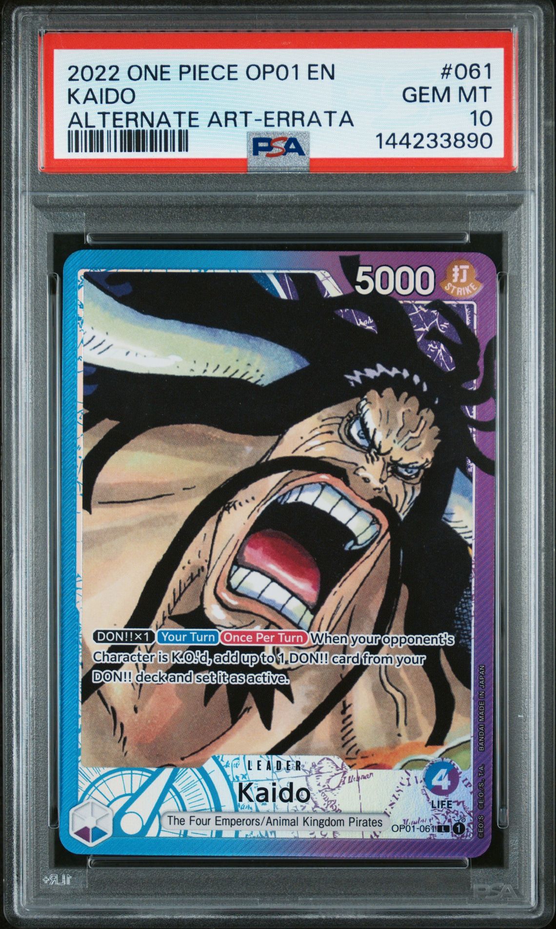 2022 One Piece Op01-Romance Dawn Kaido #061 (Alternate Art-Errata) Gem Mt 10 front view - PSA graded GEM MT 10