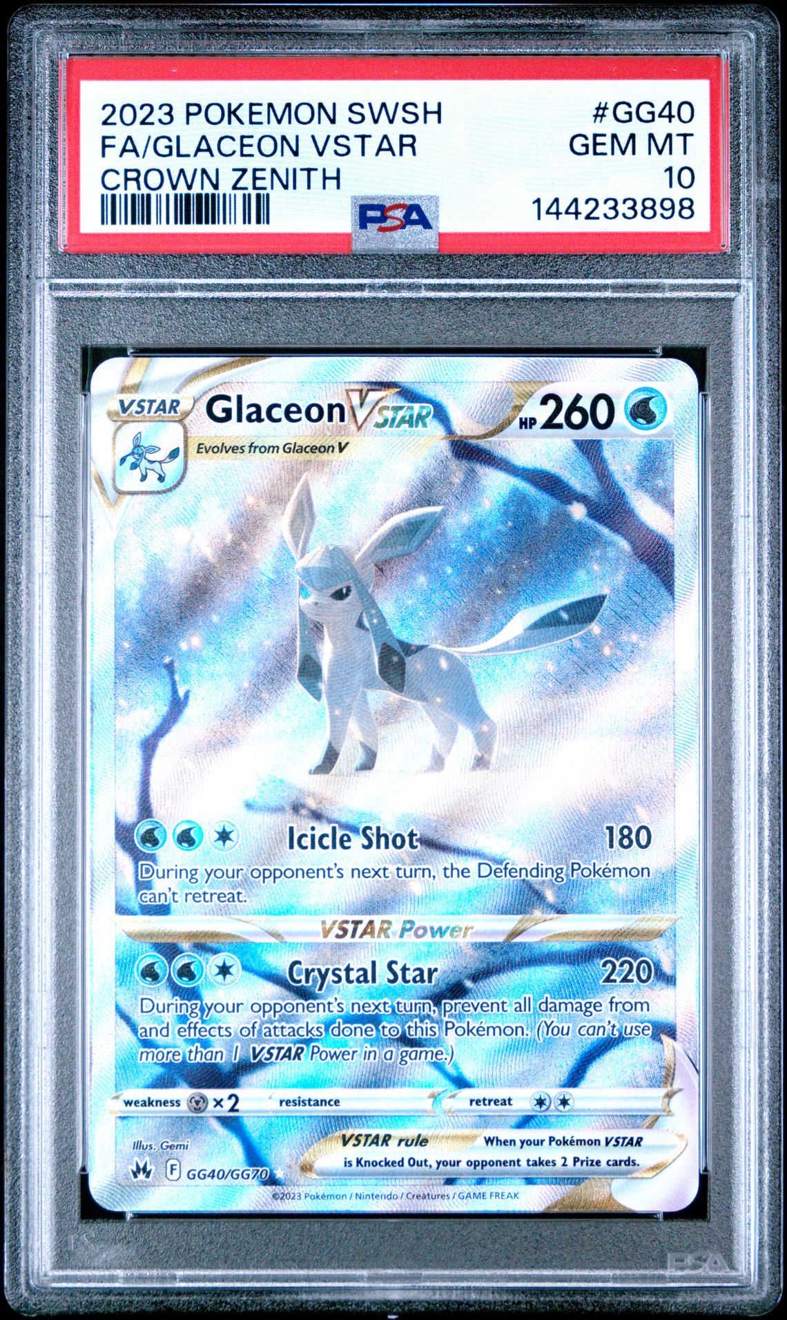 2023 Pokemon Sword And Shield Crown Zenith Fa/Glaceon Vstar #Gg40 (Crown Zenith) Gem Mt 10 front view - PSA graded GEM MT 10