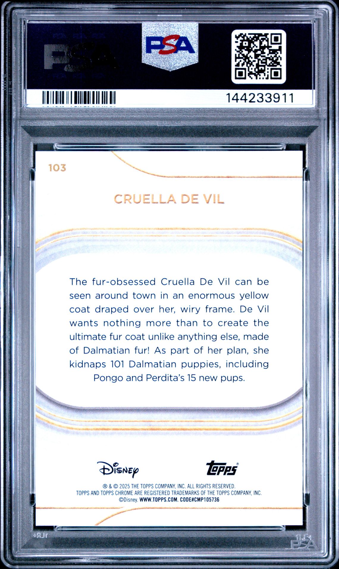 2025 Topps Chrome Disney Cruella De Vil #103 (Aqua Refractor) Gem Mt 10 back view - PSA certificate #144233911