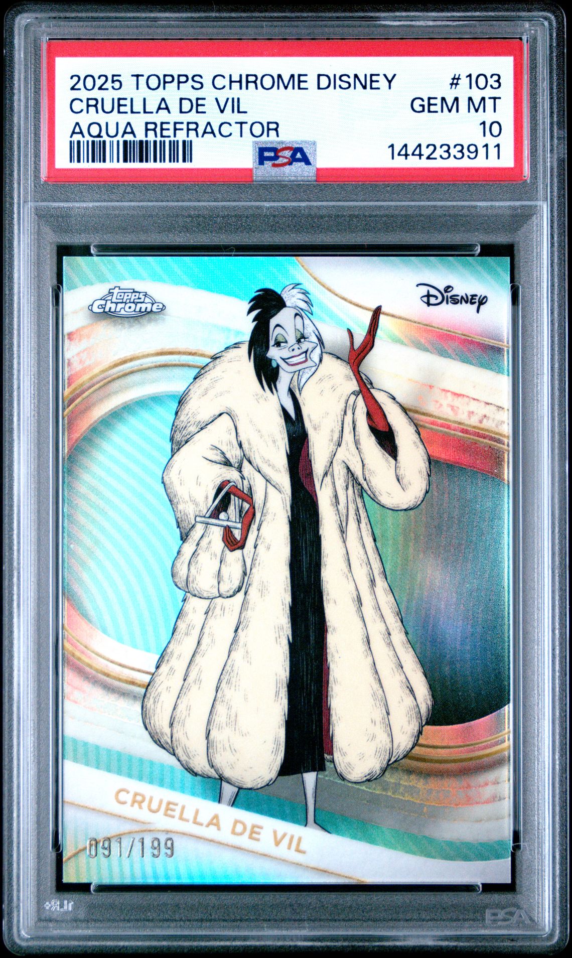 2025 Topps Chrome Disney Cruella De Vil #103 (Aqua Refractor) Gem Mt 10 front view - PSA graded GEM MT 10