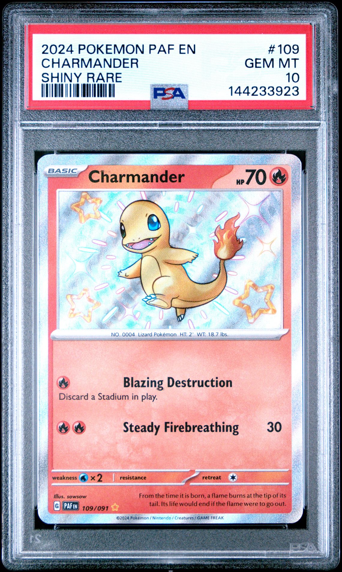 2024 Pokemon Paf En-Paldean Fates Charmander #109 (Shiny Rare) Gem Mt 10 front view - PSA graded GEM MT 10