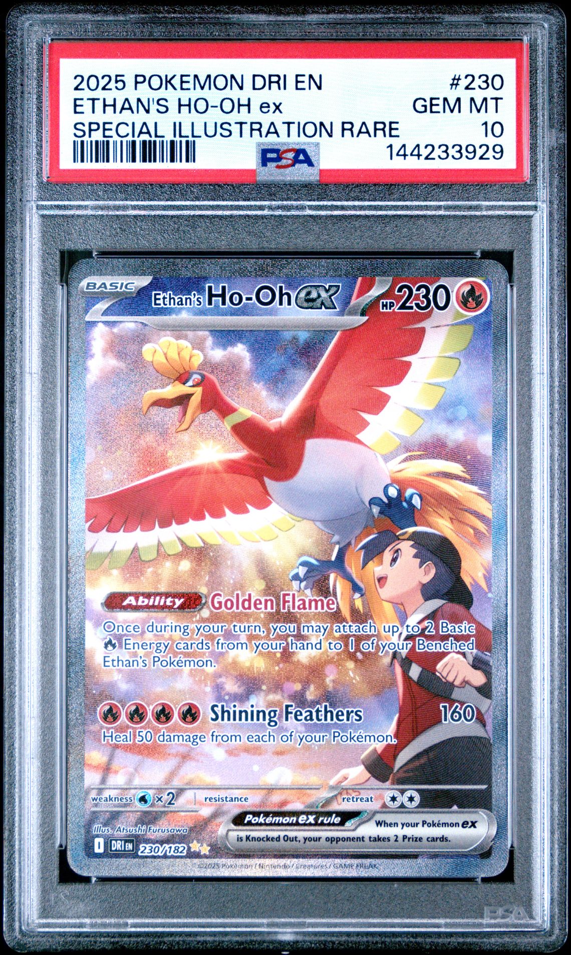 2025 Pokemon Dri En-Destined Rivals Ethan's Ho-Oh Ex #230 (Special Illustration Rare) Gem Mt 10 front view - PSA graded GEM MT 10