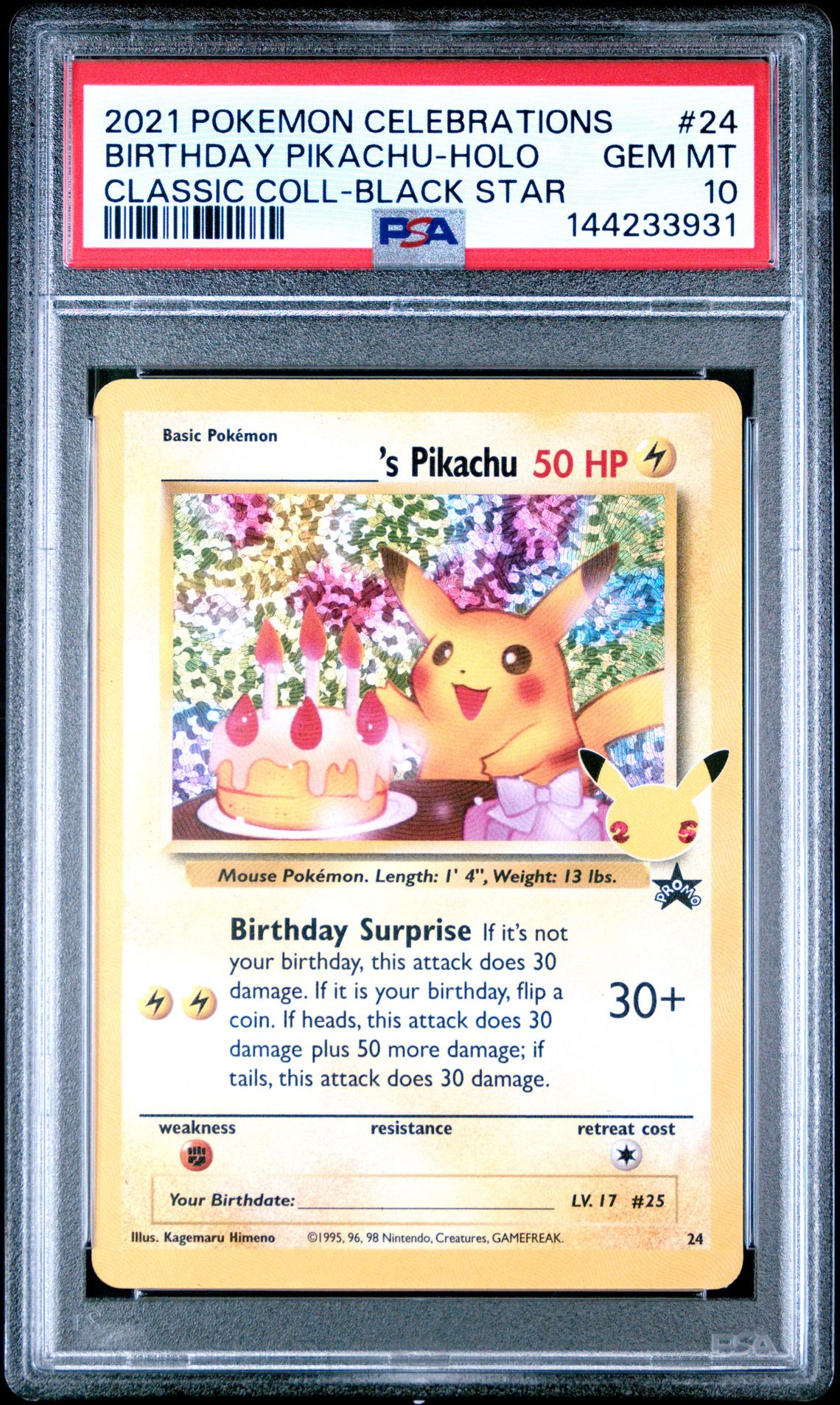 2021 Pokemon Celebrations Classic Collection Birthday Pikachu-Holo #24 (Classic Coll-Black Star) Gem Mt 10 front view - PSA graded GEM MT 10