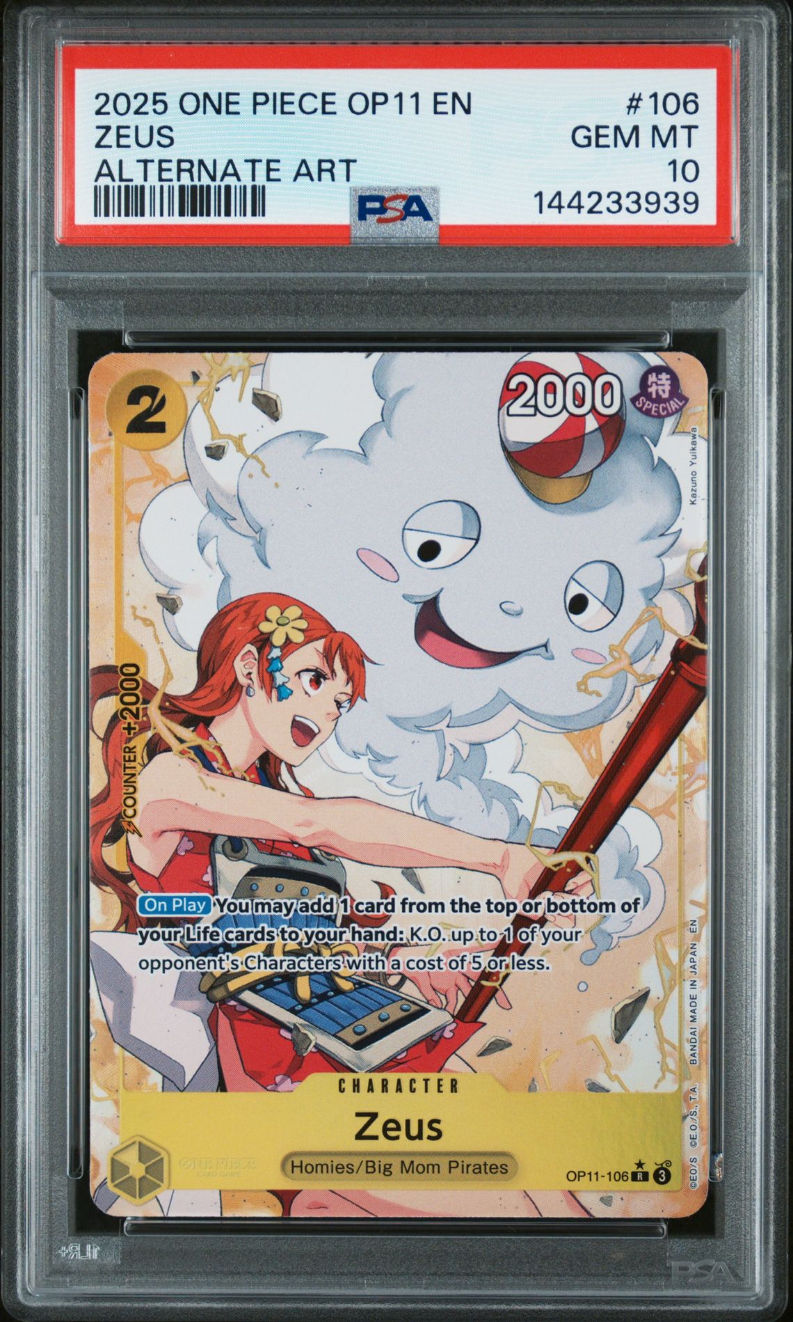 2025 One Piece Op11-A Fist Of Divine Speed Zeus #106 (Alternate Art) Gem Mt 10 front view - PSA graded GEM MT 10