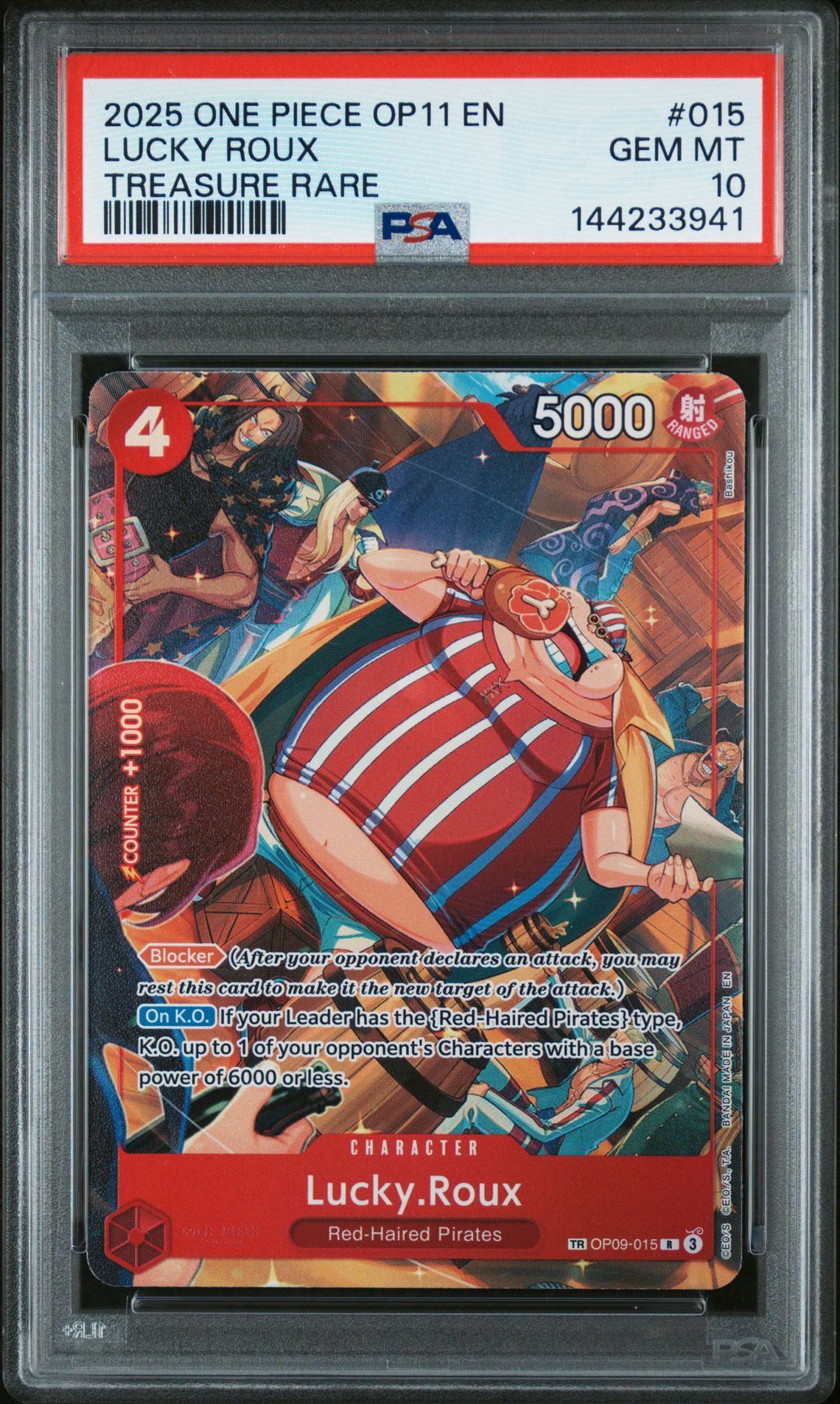 2025 One Piece Op11-A Fist Of Divine Speed Lucky Roux #015 (Treasure Rare) Gem Mt 10 front