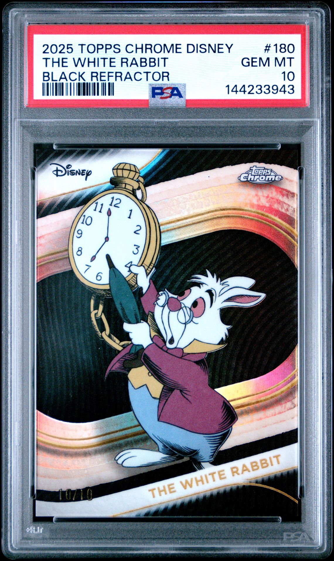 2025 Topps Chrome Disney The White Rabbit #180 (Black Refractor) Gem Mt 10 front view - PSA graded GEM MT 10
