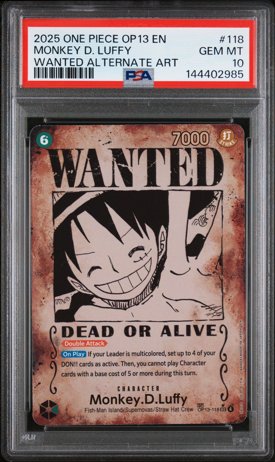 2025 One Piece Op13-Carrying On His Will Monkey D. Luffy #118 (Wanted Alternate Art) Gem Mt 10 front
