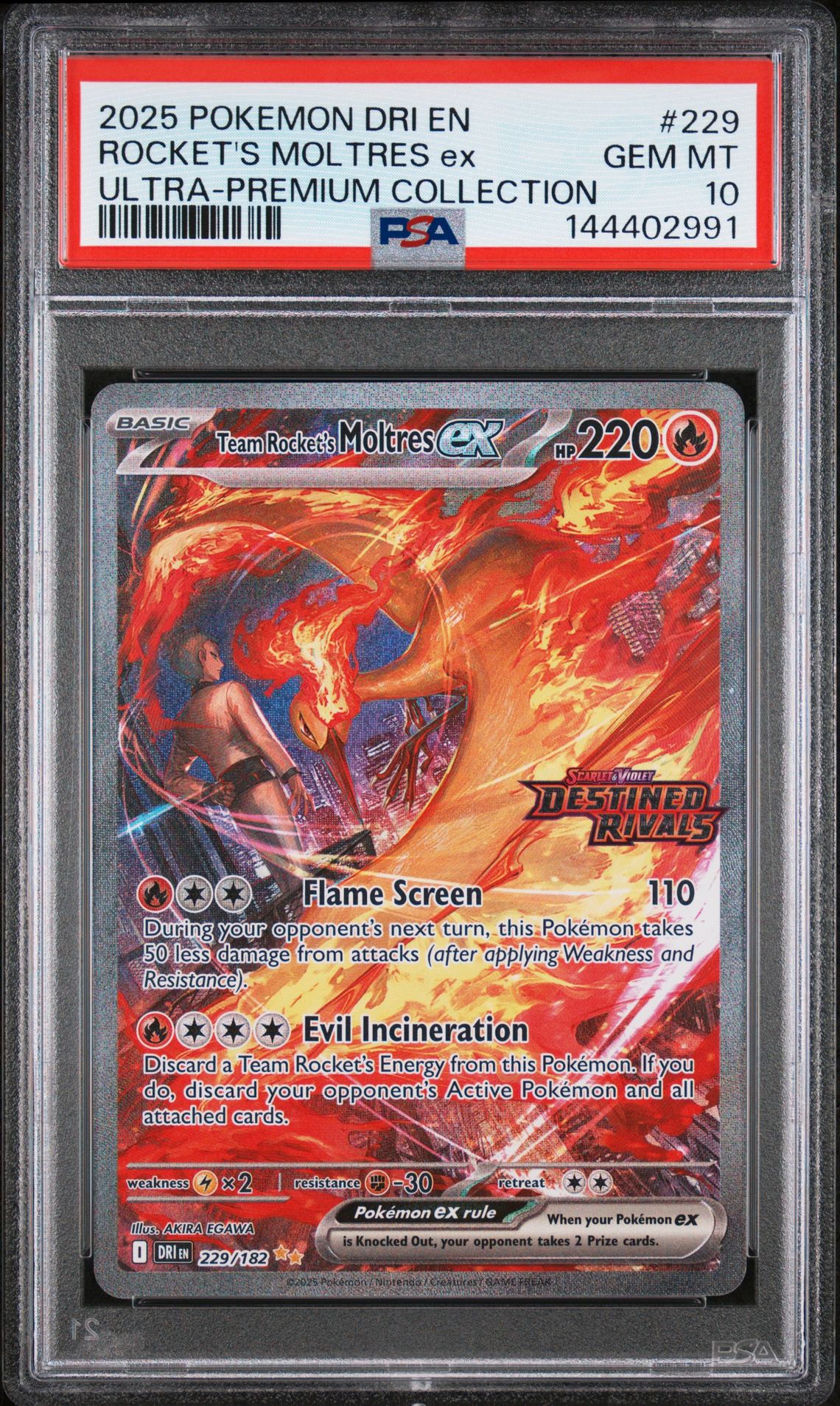 2025 Pokemon Dri En-Destined Rivals Rocket's Moltres Ex #229 (Ultra-Premium Collection) Gem Mt 10 front