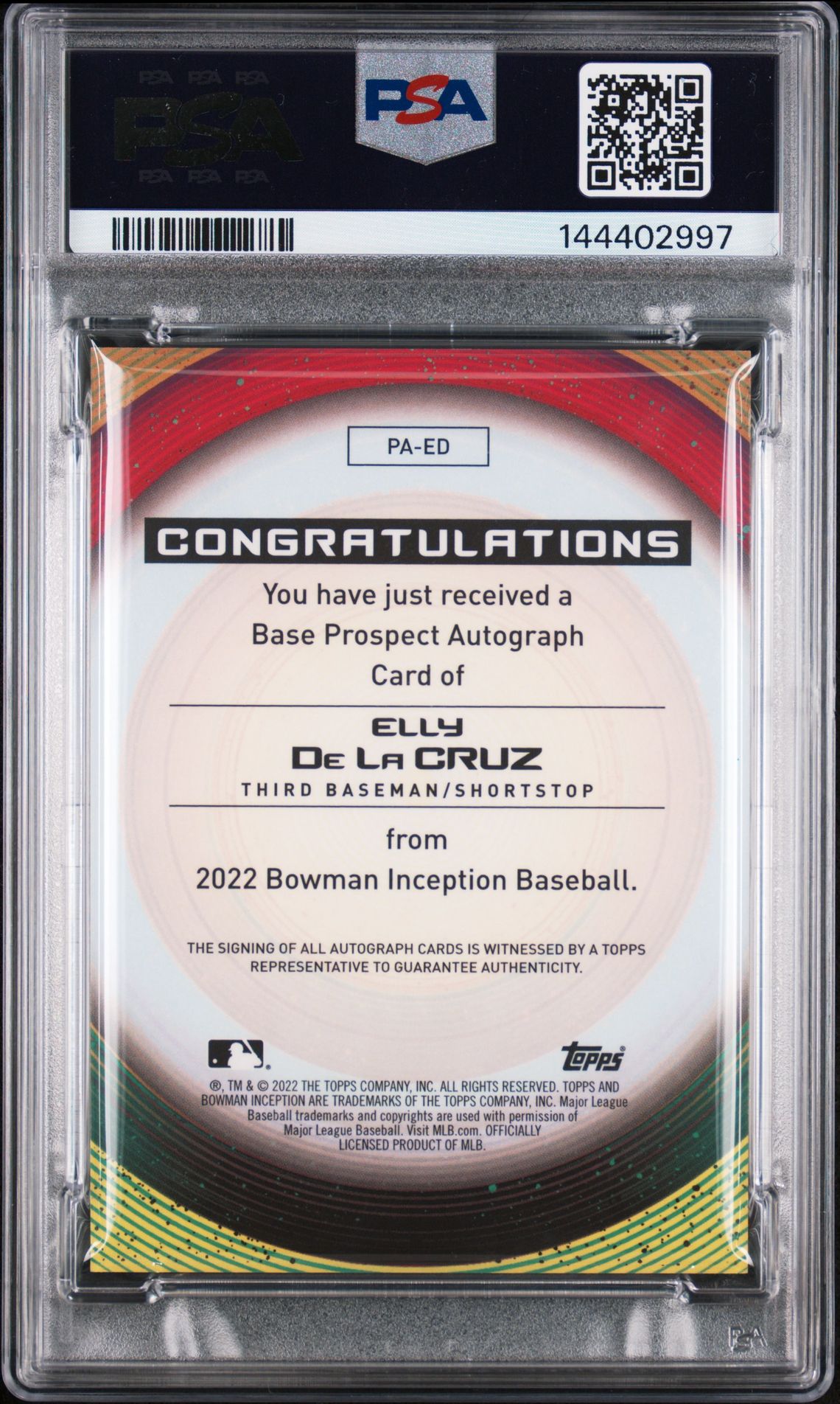 2022 Bowman Inception Prospect Autographs Elly De La Cruz #Paed (Prospect Auto-Gold Foil) Gem Mt 10 back