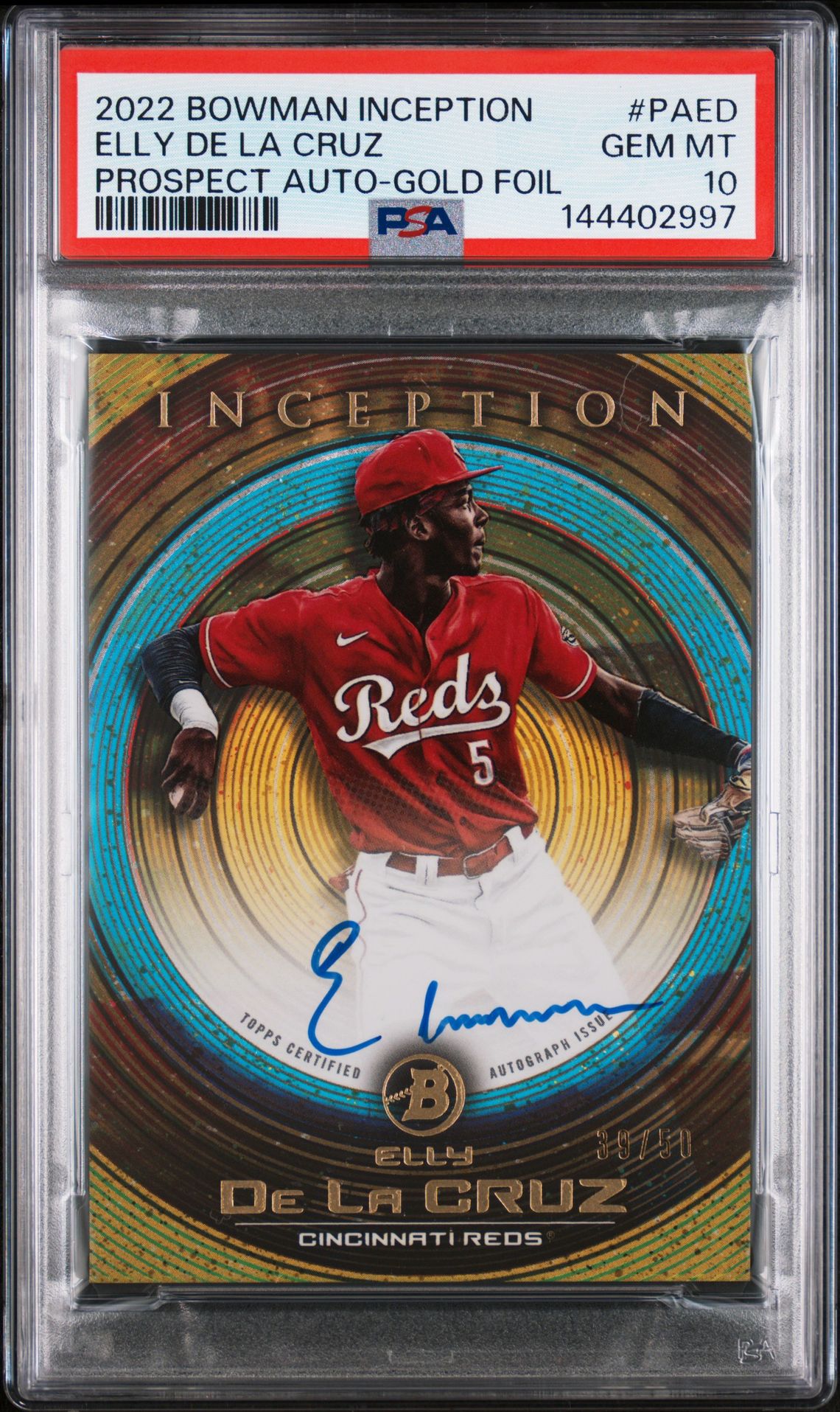 2022 Bowman Inception Prospect Autographs Elly De La Cruz #Paed (Prospect Auto-Gold Foil) Gem Mt 10 front