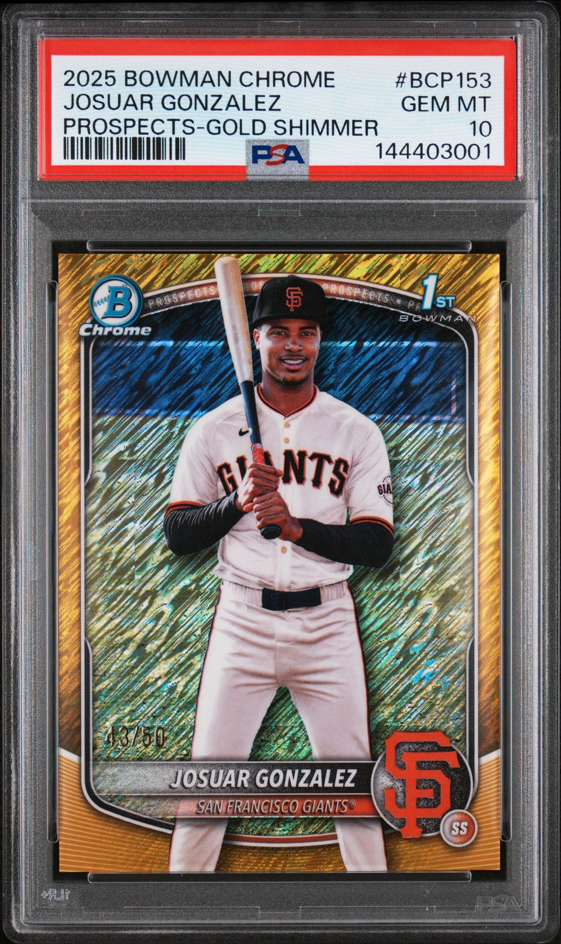 2025 Bowman Chrome Prospects Josuar Gonzalez #Bcp153 (Prospects-Gold Shimmer) Gem Mt 10 front
