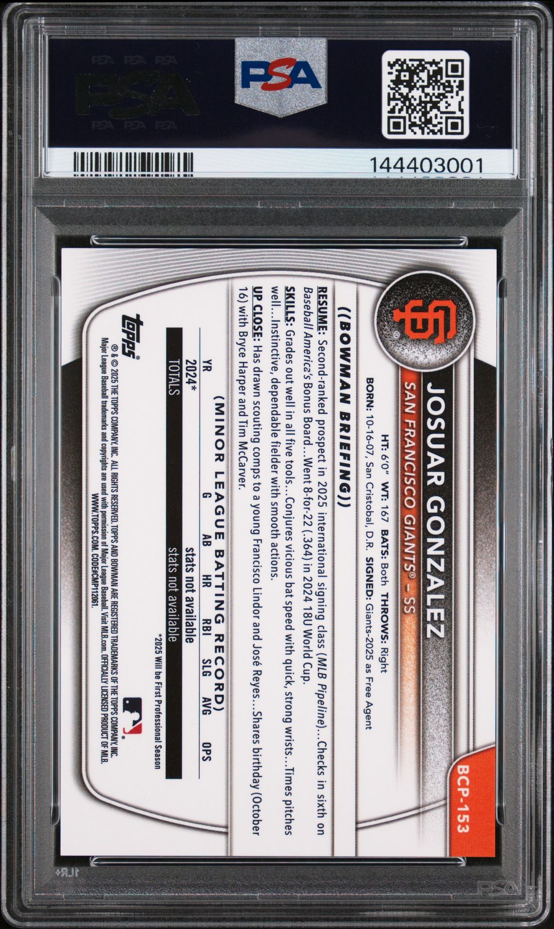 2025 Bowman Chrome Prospects Josuar Gonzalez #Bcp153 (Prospects-Gold Shimmer) Gem Mt 10 back