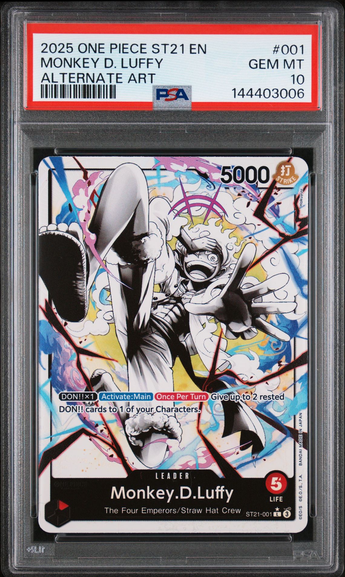 2025 One Piece Starter Deck St21-Ex Gear 5 Monkey D. Luffy #001 (Black & White Alt Art) Gem Mt 10 front