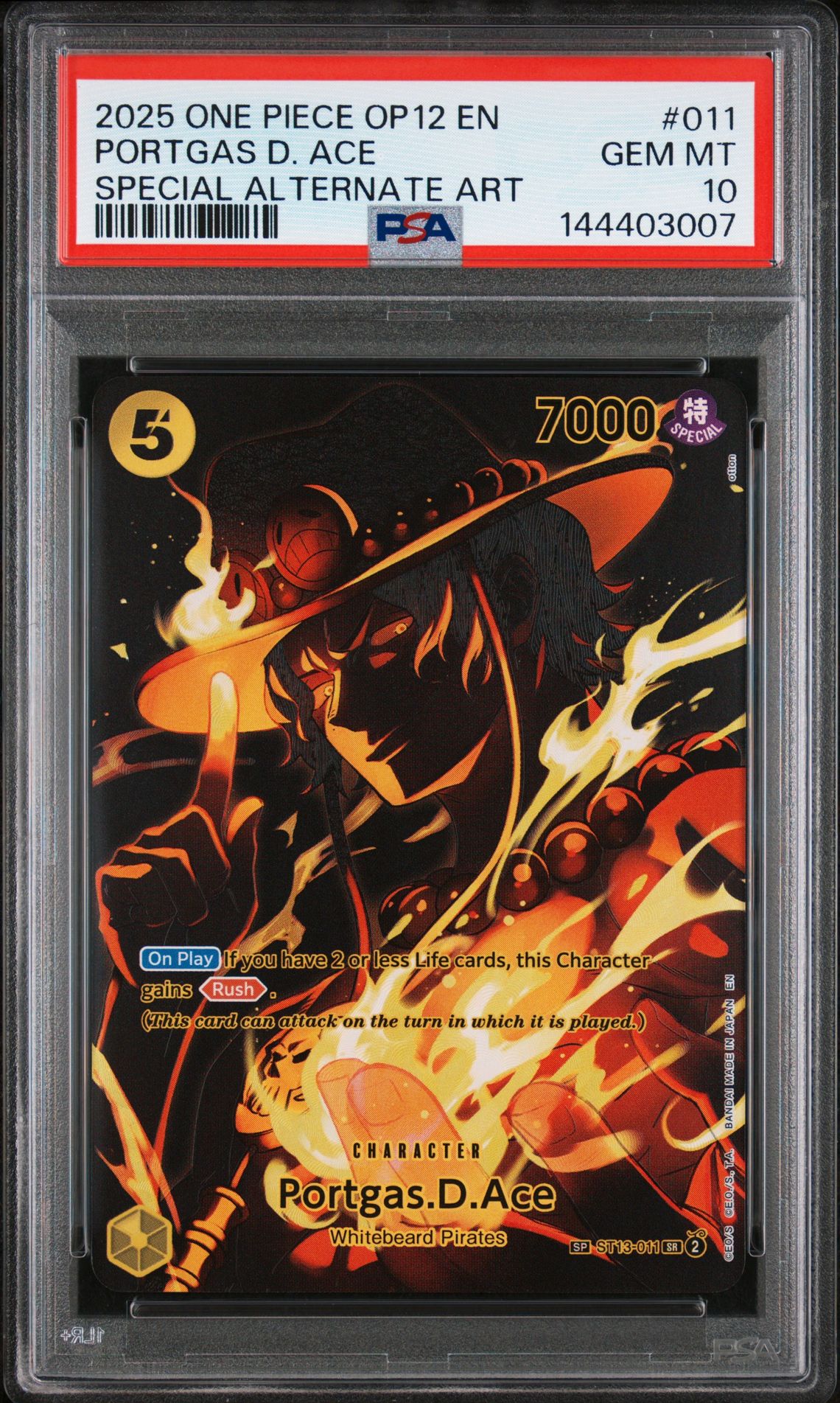 2025 One Piece Op12-Legacy Of The Master Portgas D. Ace #011 (Special Alternate Art) Gem Mt 10 front