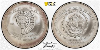 1997-Mo 5 Peso Disco de la Muerte KM-619  Ag MS68