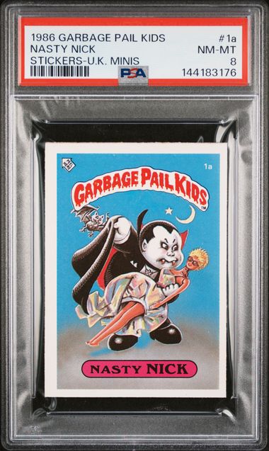 1986 Topps GARBAGE PAIL KIDS STICKERS-U.K. MINIS STICKERS-U.K. MINIS #1A Nasty Nick front