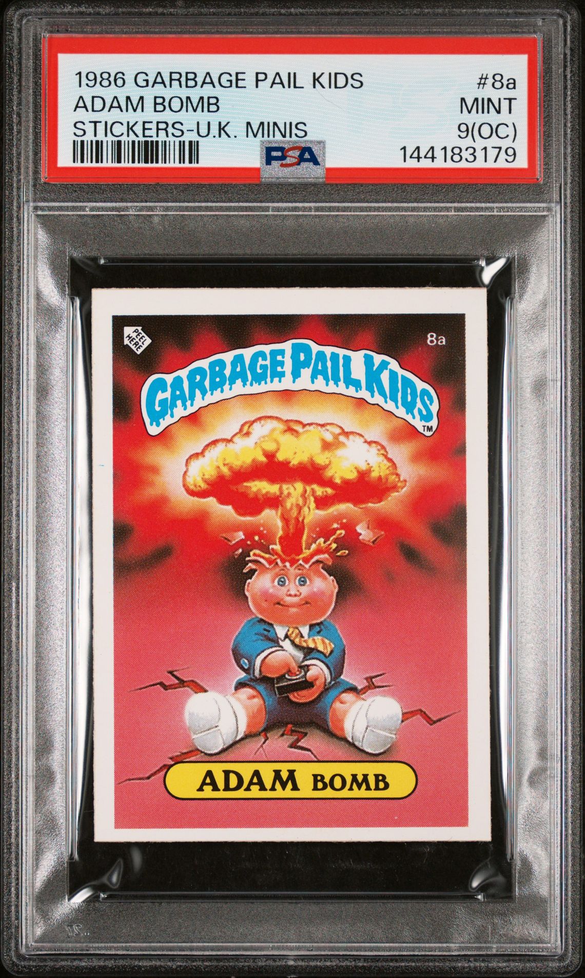 1986 Garbage Pail Kids GARBAGE PAIL KIDS STICKERS-U.K. MINIS #8A Adam Bomb front