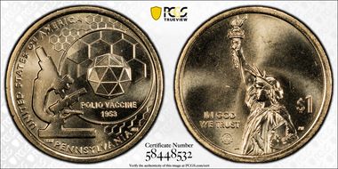 2019-D $1 American Innovation PA Polio Vaccine 1953 Pos. B First Strike MS67